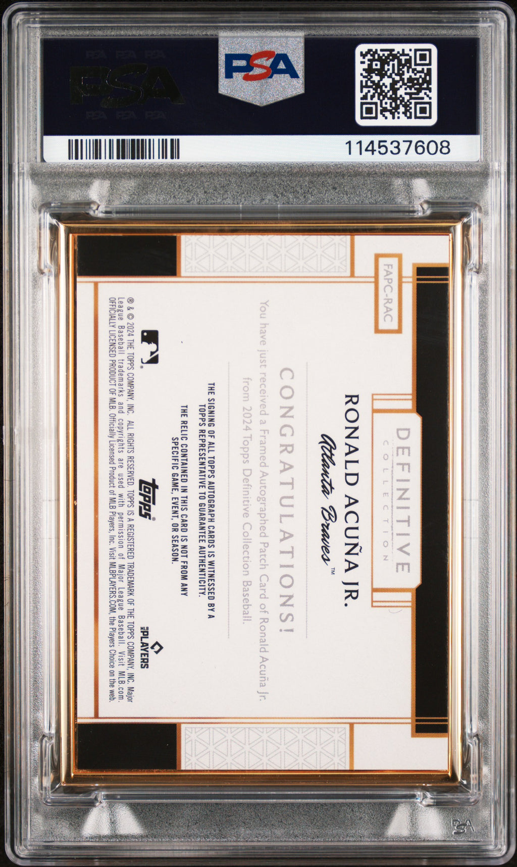 RONALD ACUNA JR 2024 Topps Definitive Collection Framed Auto Patch Red 1/1 PSA 9