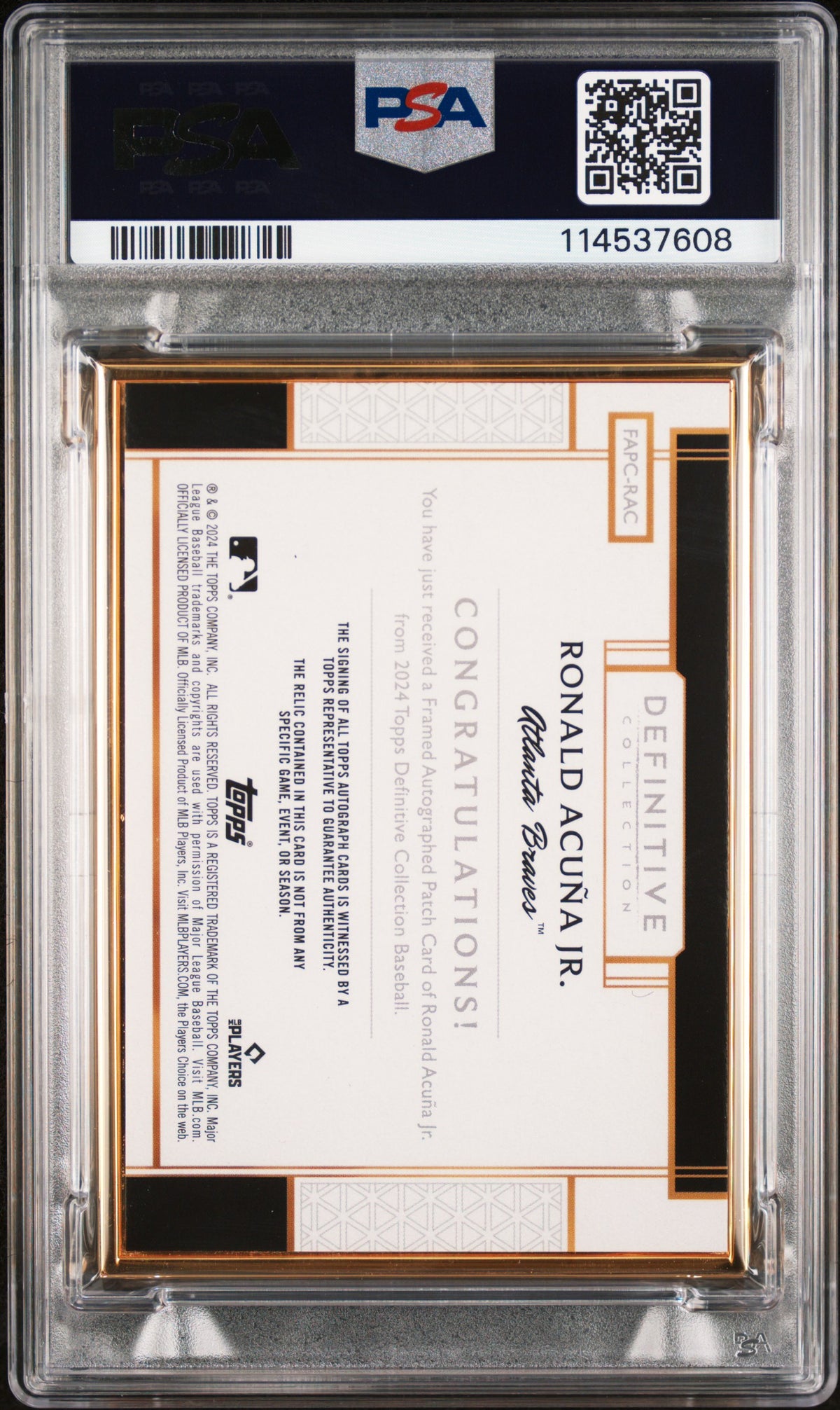 RONALD ACUNA JR 2024 Topps Definitive Collection Framed Auto Patch Red 1/1 PSA 9
