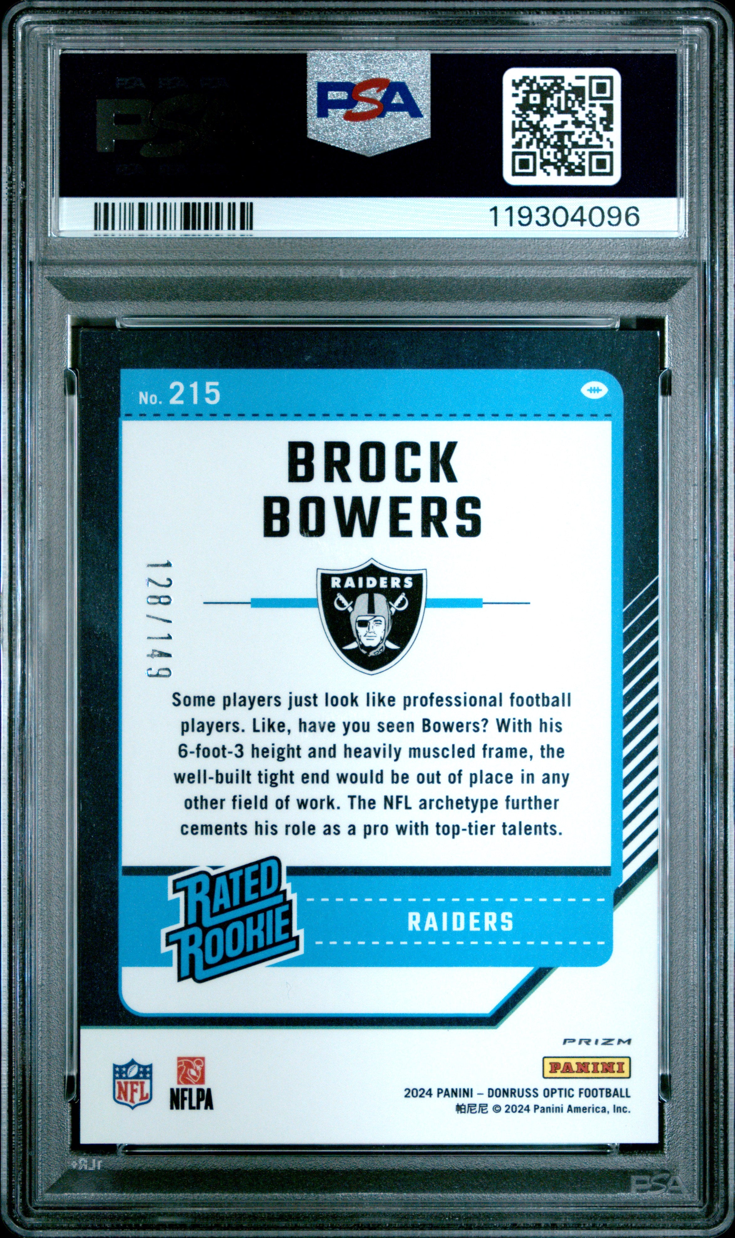 BROCK BOWERS 2024 Panini Donruss Optic Rated Rookie Flex Prizm /149 #215 PSA 9