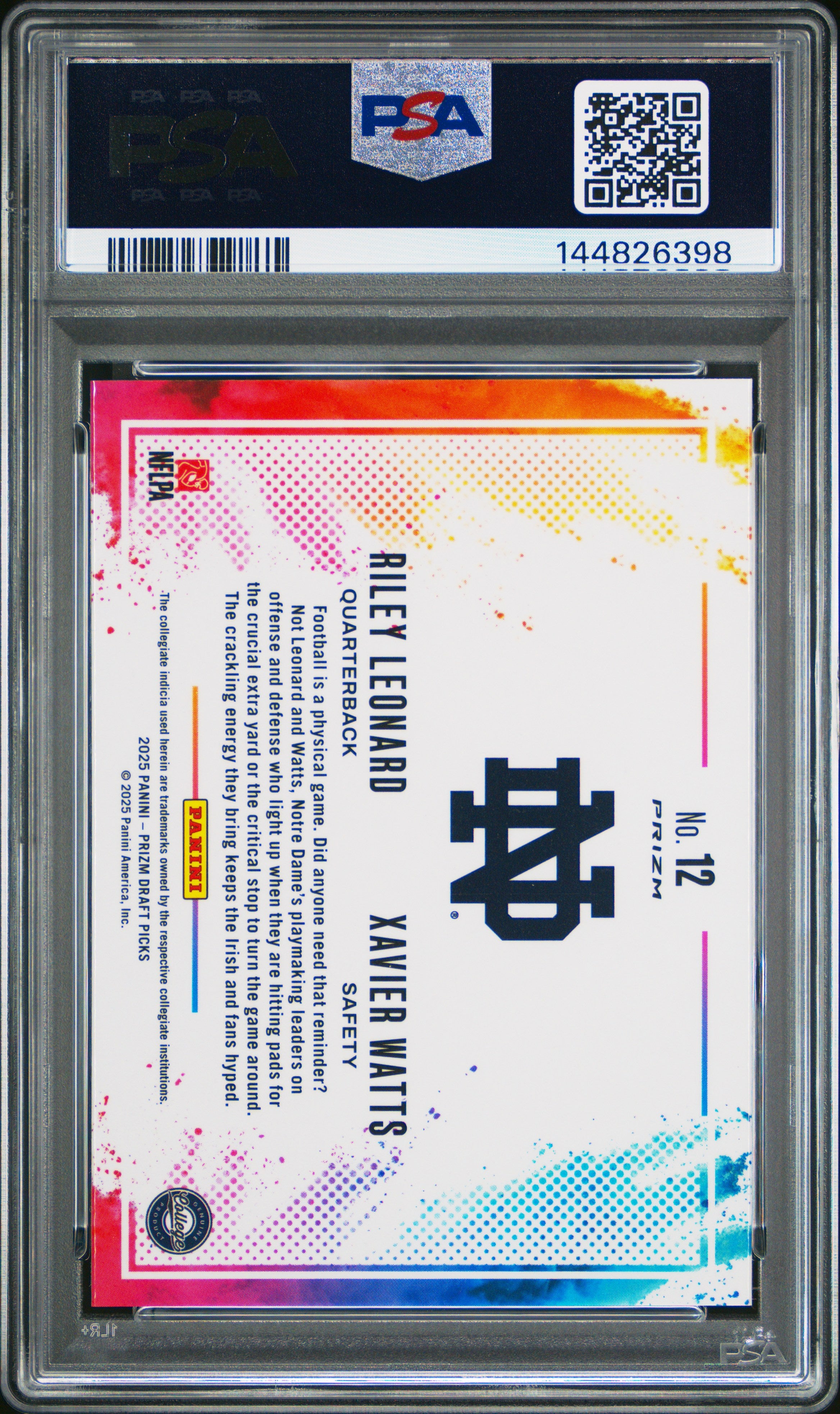 RILEY LEONARD XAVIER WATTS 2025 Panini Prizm Color Blast Duals Rookie PSA 10