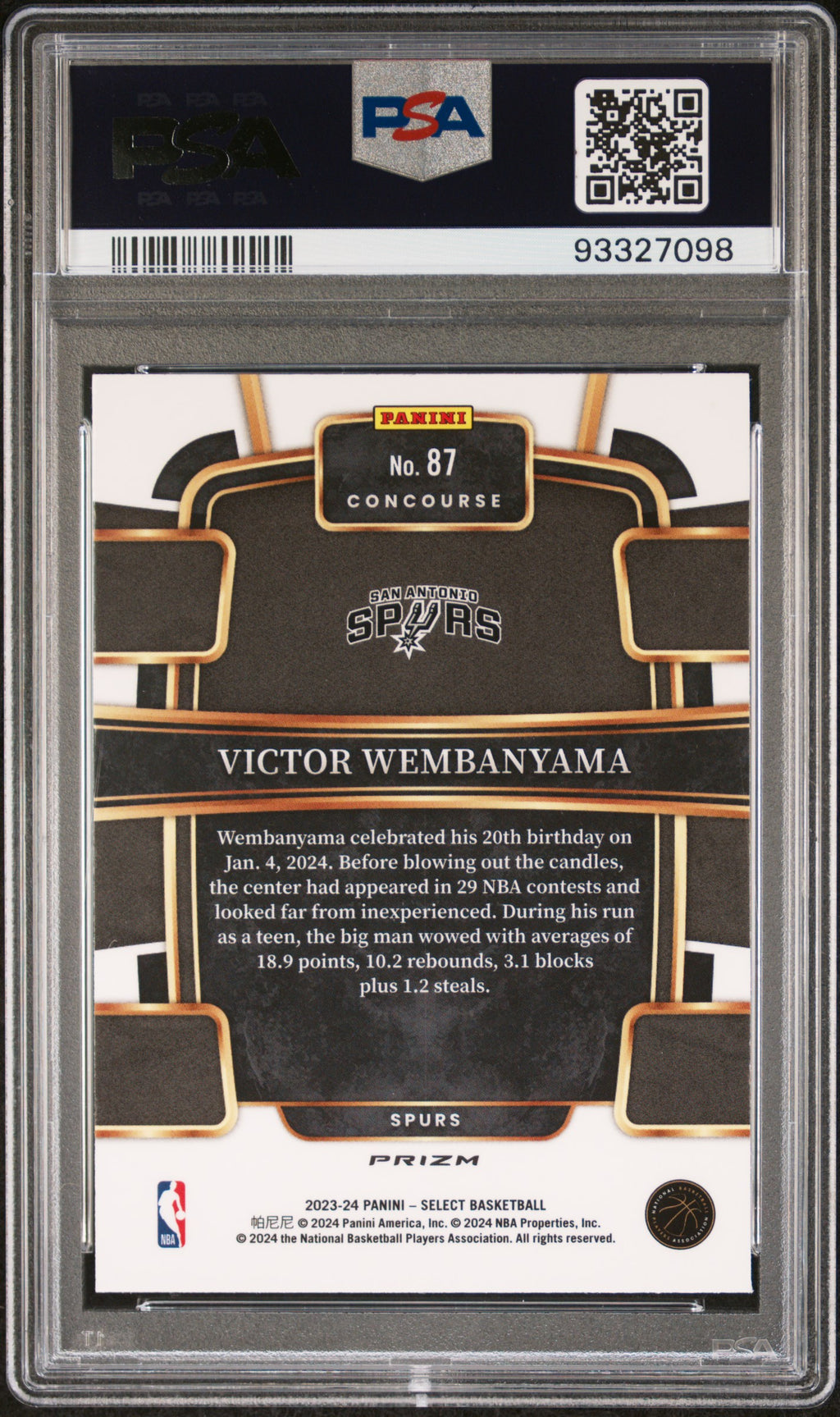 VICTOR WEMBANYAMA 2023-24 Panini Select Rookie Blue Cracked Ice #87 PSA 10