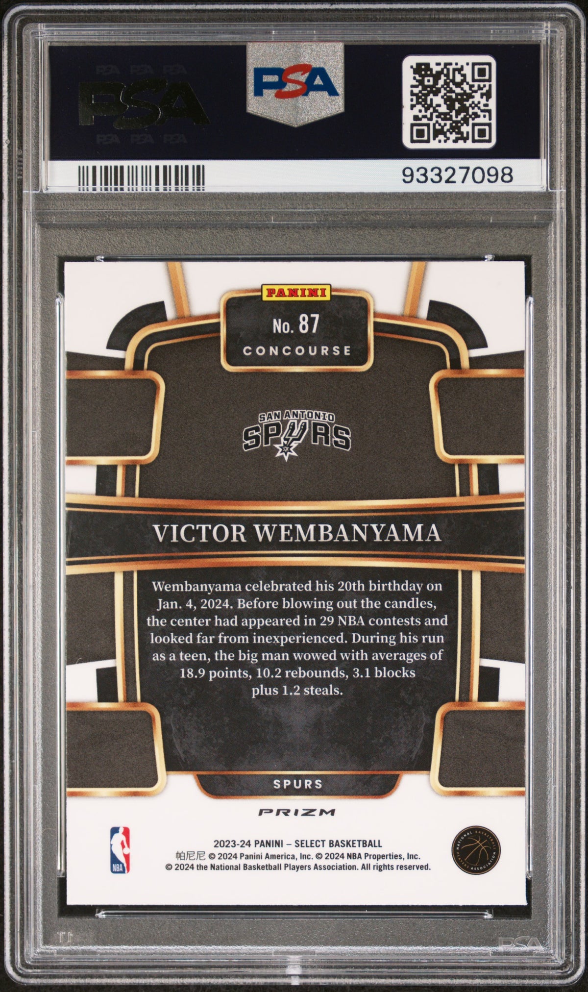 VICTOR WEMBANYAMA 2023-24 Panini Select Rookie Blue Cracked Ice #87 PSA 10