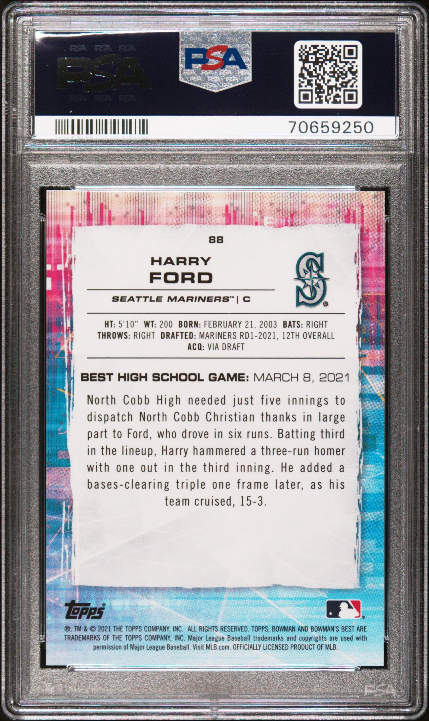 HARRY FORD 2021 Bowman's Best Gold Lava Refractor /75 #88 PSA 9 Mariners