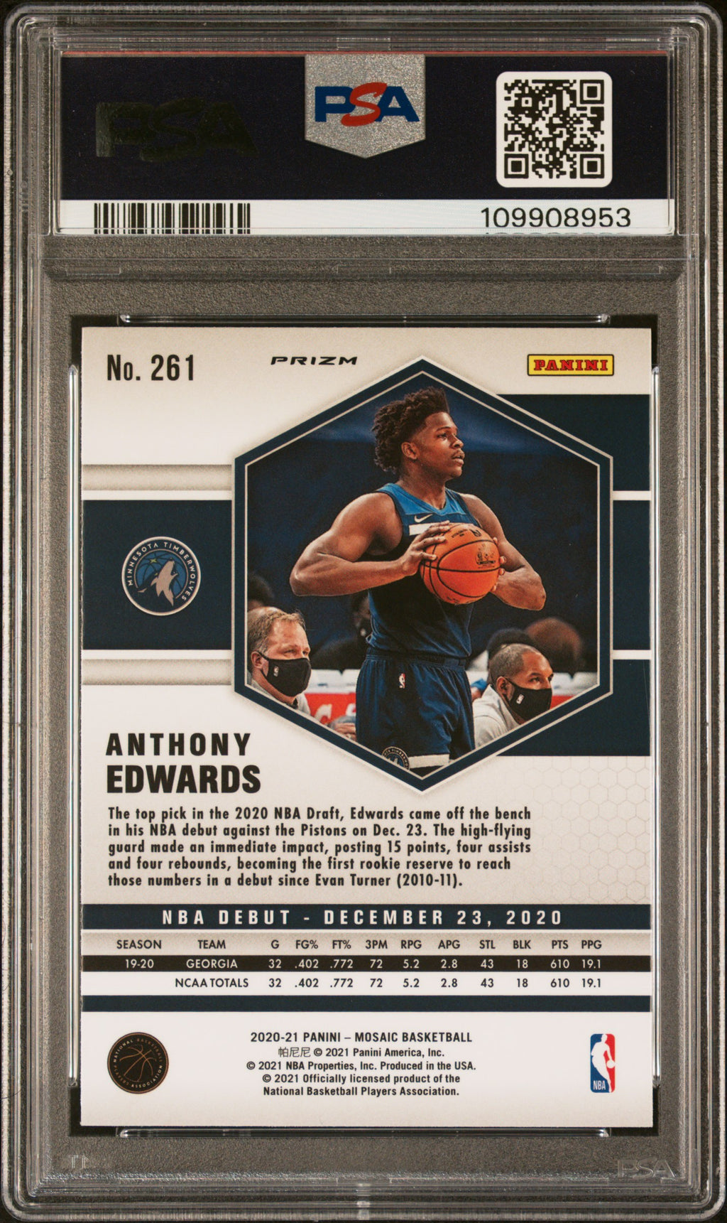 ANTHONY EDWARDS 2020-21 Panini Mosaic Rookie Debut Reactive Orange #261 PSA 10
