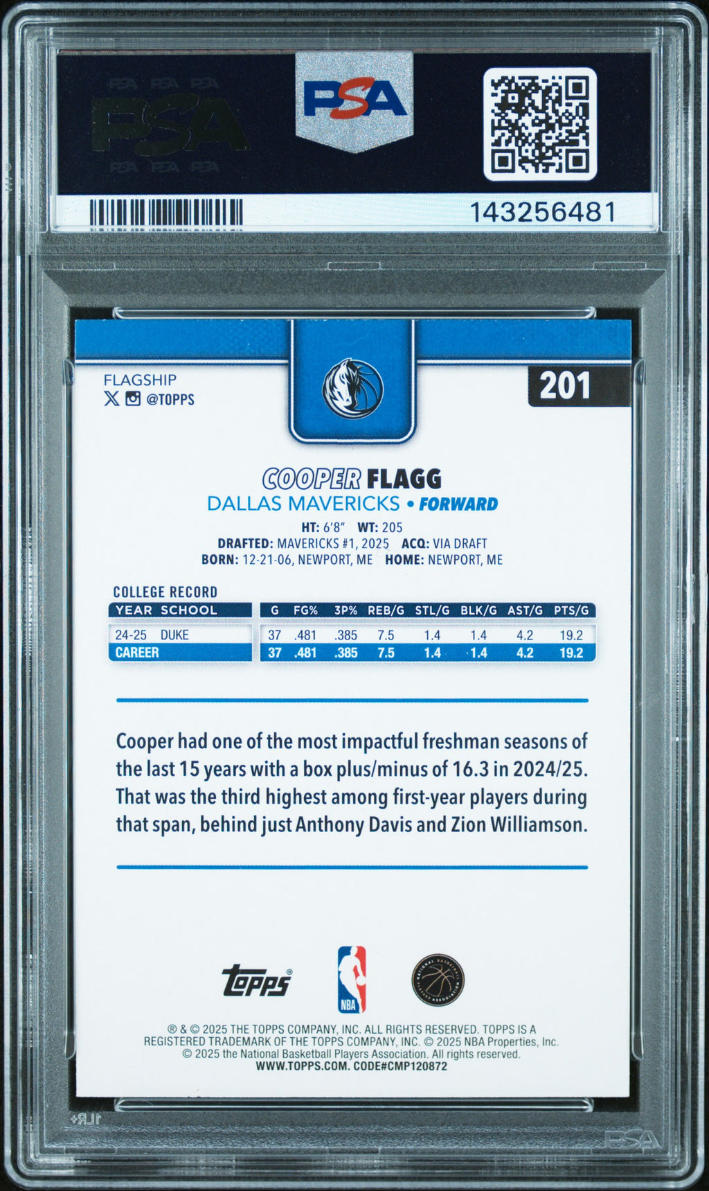 COOPER FLAGG 2025-26 Topps Flagship Rookie #201 PSA 10 Mavericks