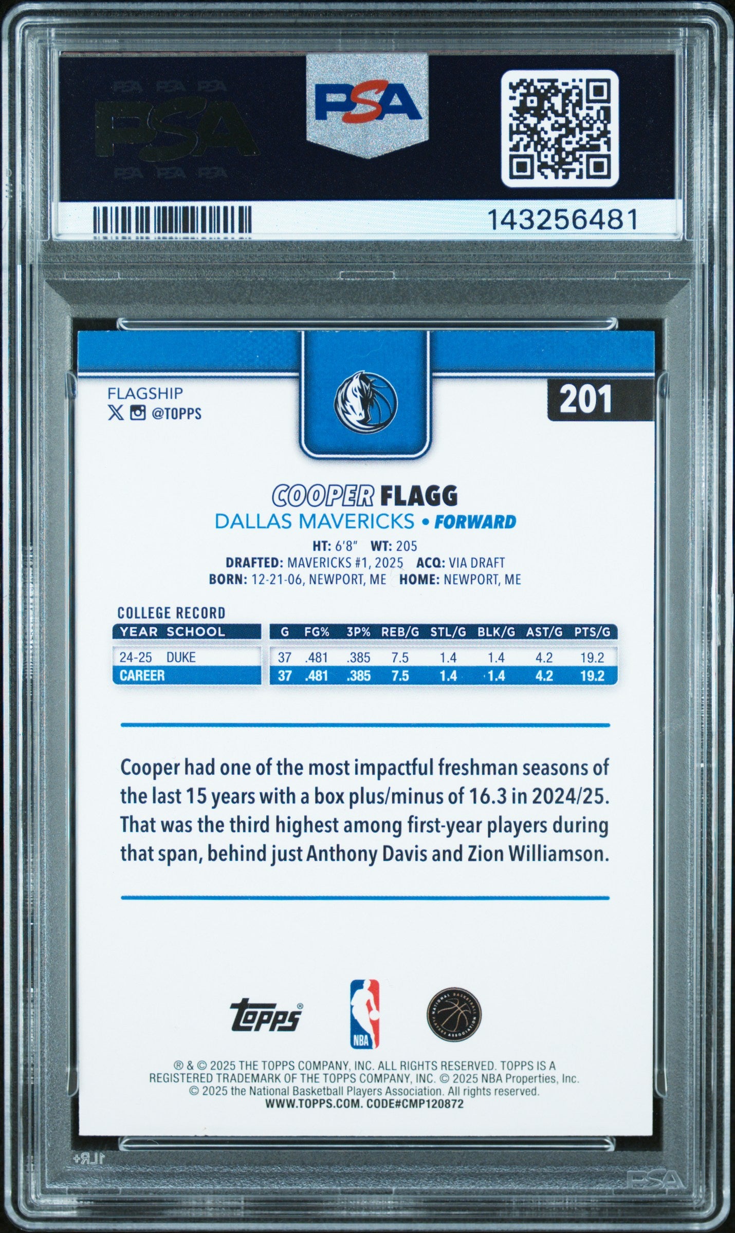 COOPER FLAGG 2025-26 Topps Flagship Rookie #201 PSA 10 Mavericks