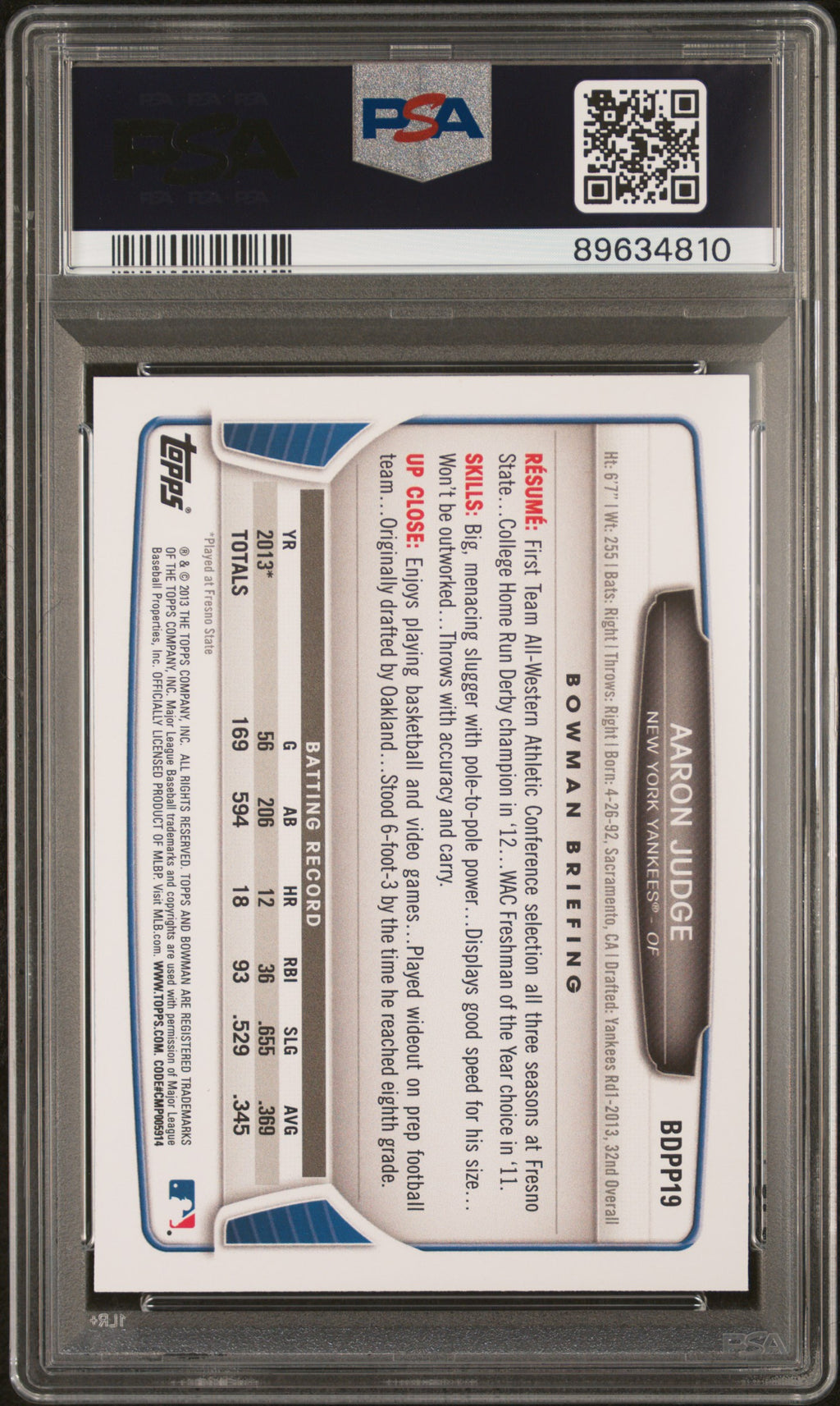 AARON JUDGE 2013 Bowman Draft Picks & Prospects #BDPP19 PSA 10 Yankees
