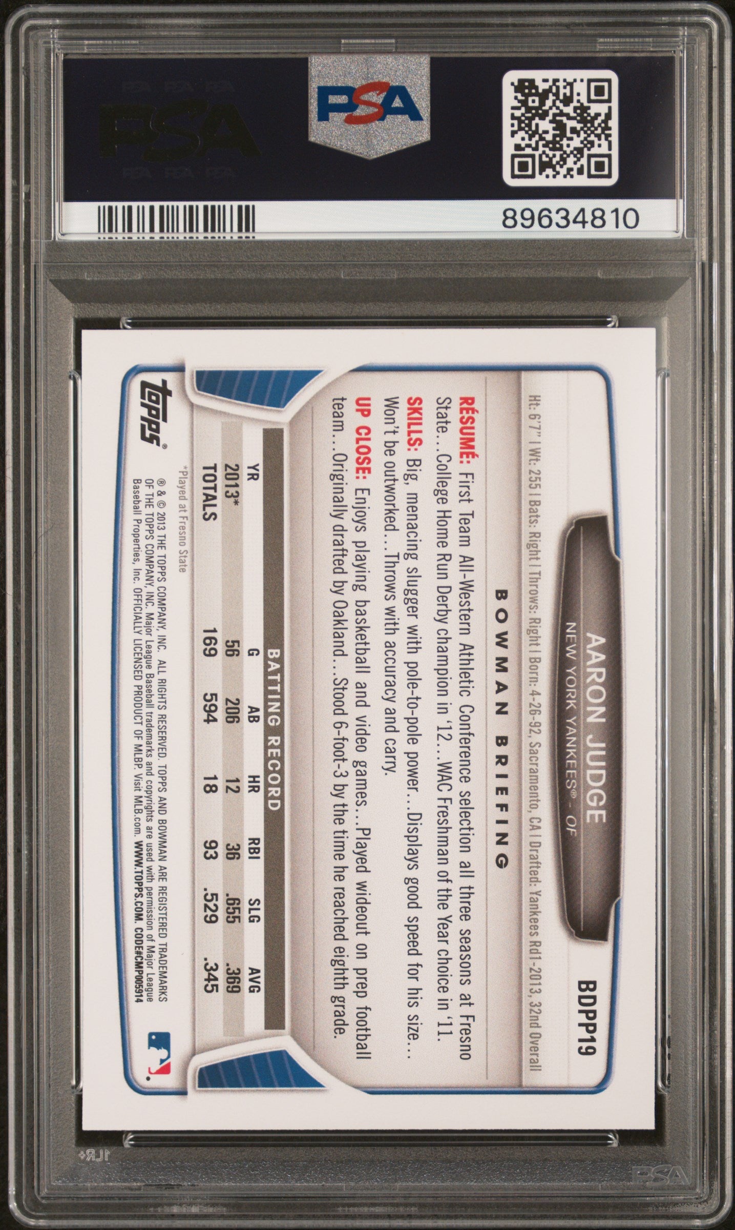 AARON JUDGE 2013 Bowman Draft Picks & Prospects #BDPP19 PSA 10 Yankees