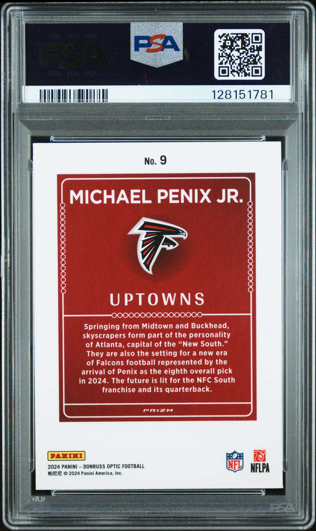 MICHAEL PENIX JR. 2024 Panini Donruss Optic Rookie Uptowns Case Hit SSP #9 PSA 9