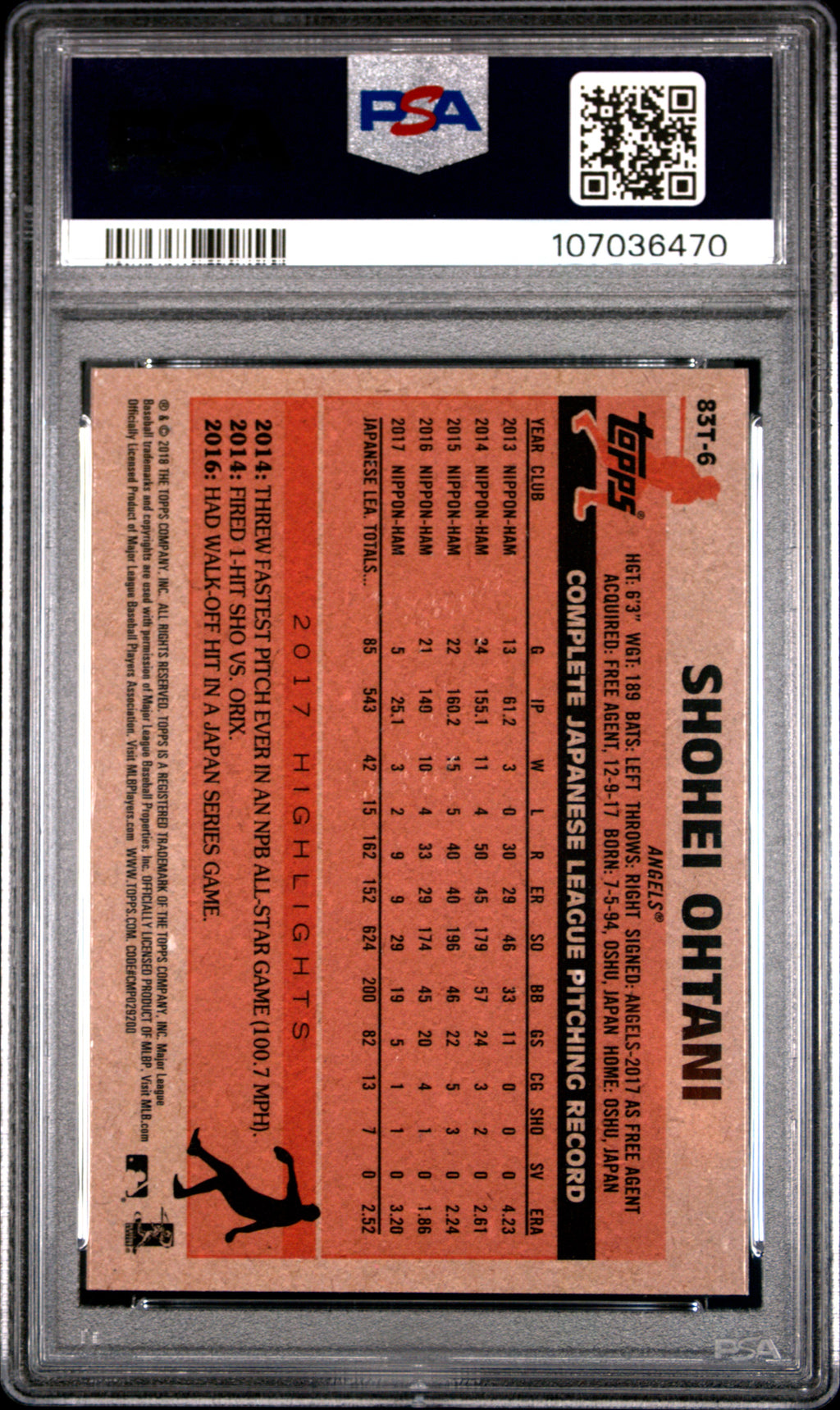 SHOHEI OHTANI 2018 Topps Chrome 1983 Rookie Refractor #83T-6 PSA 9 Angels