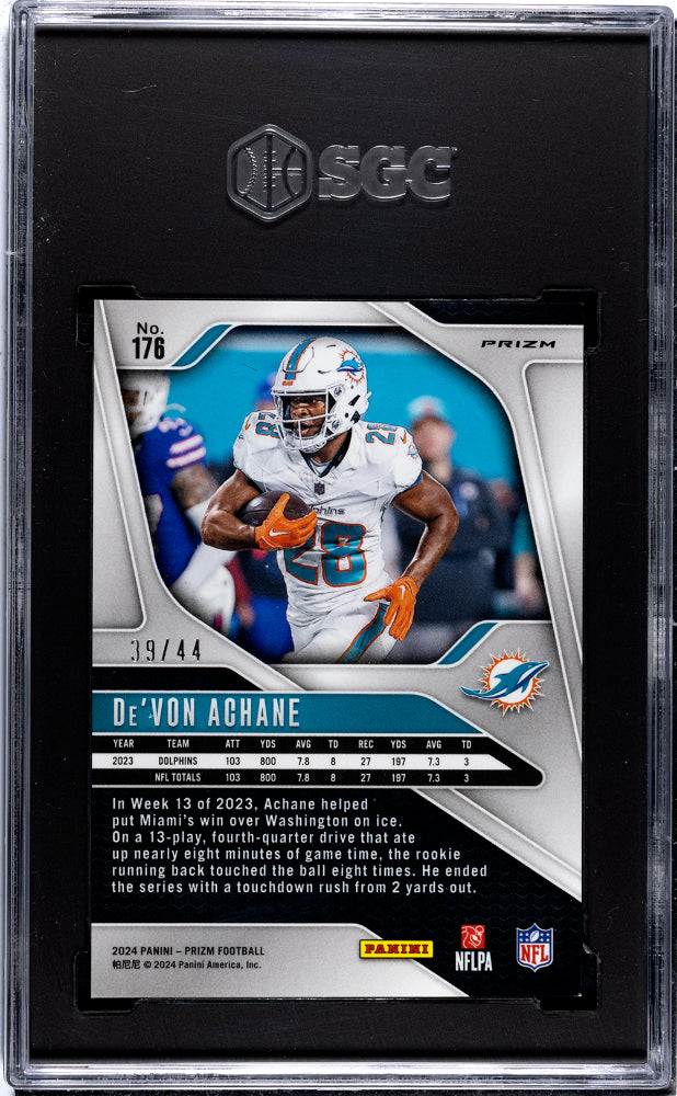 DE'VON ACHANE 2024 Panini Prizm Red & Yellow Parallel /44 SGC 10 #176 Dolphins