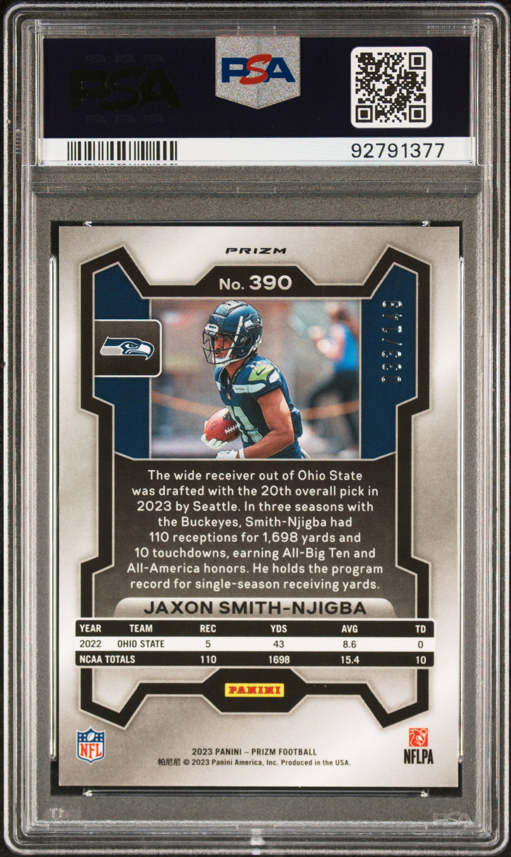JAXON SMITH-NJIGBA 2023 Panini Prizm Rookie Red Wave /149 #390 PSA 10 Seahawks