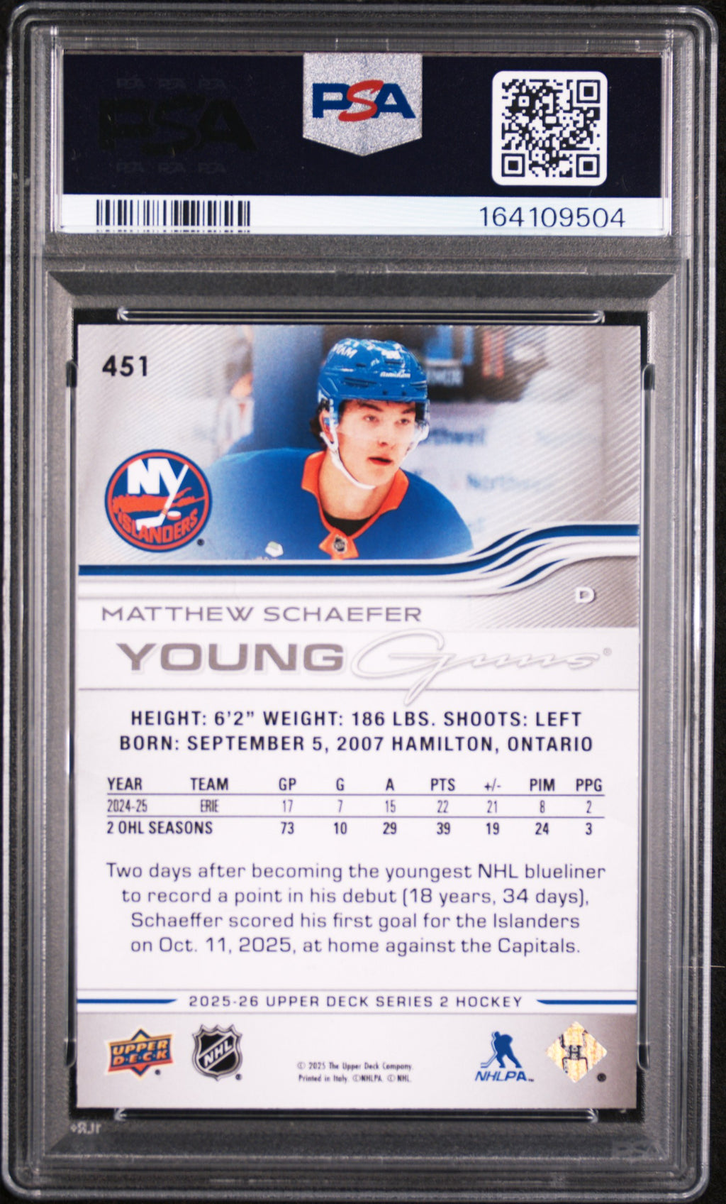 MATTHEW SCHAEFER 2025-26 Upper Deck Series 2 Young Guns Rookie #451 PSA 9