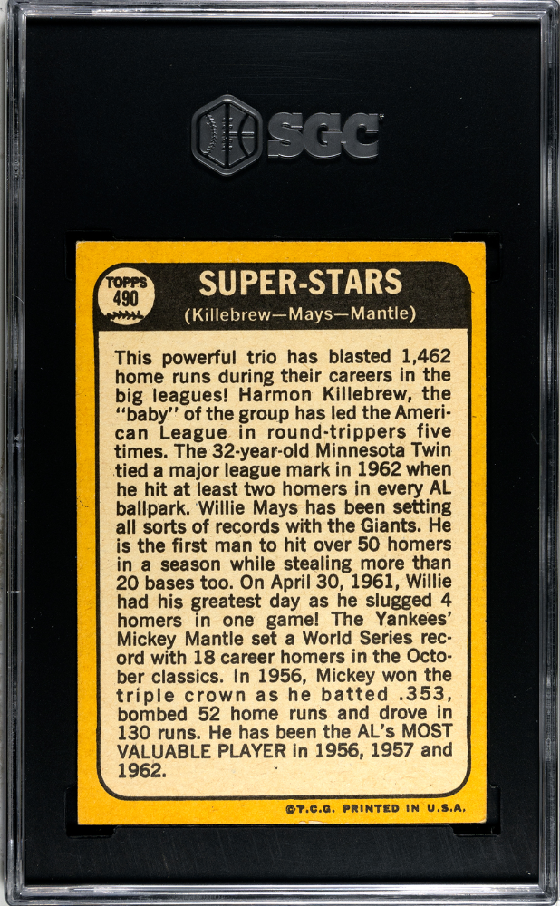 HARMON KILLEBREW WILLIE MAYS MICKEY MANTLE 1968 Topps Super Stars #490 SGC 4