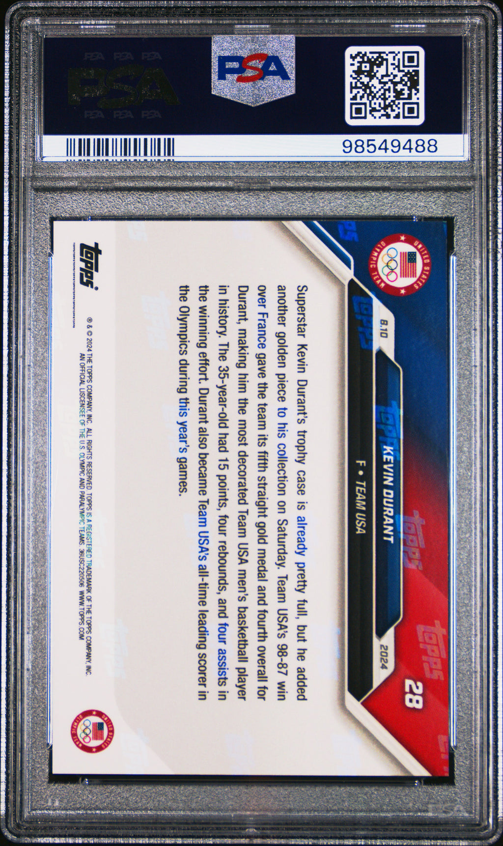 KEVIN DURANT 2024 Topps Now Olympic Games #28 PSA 10 Team USA