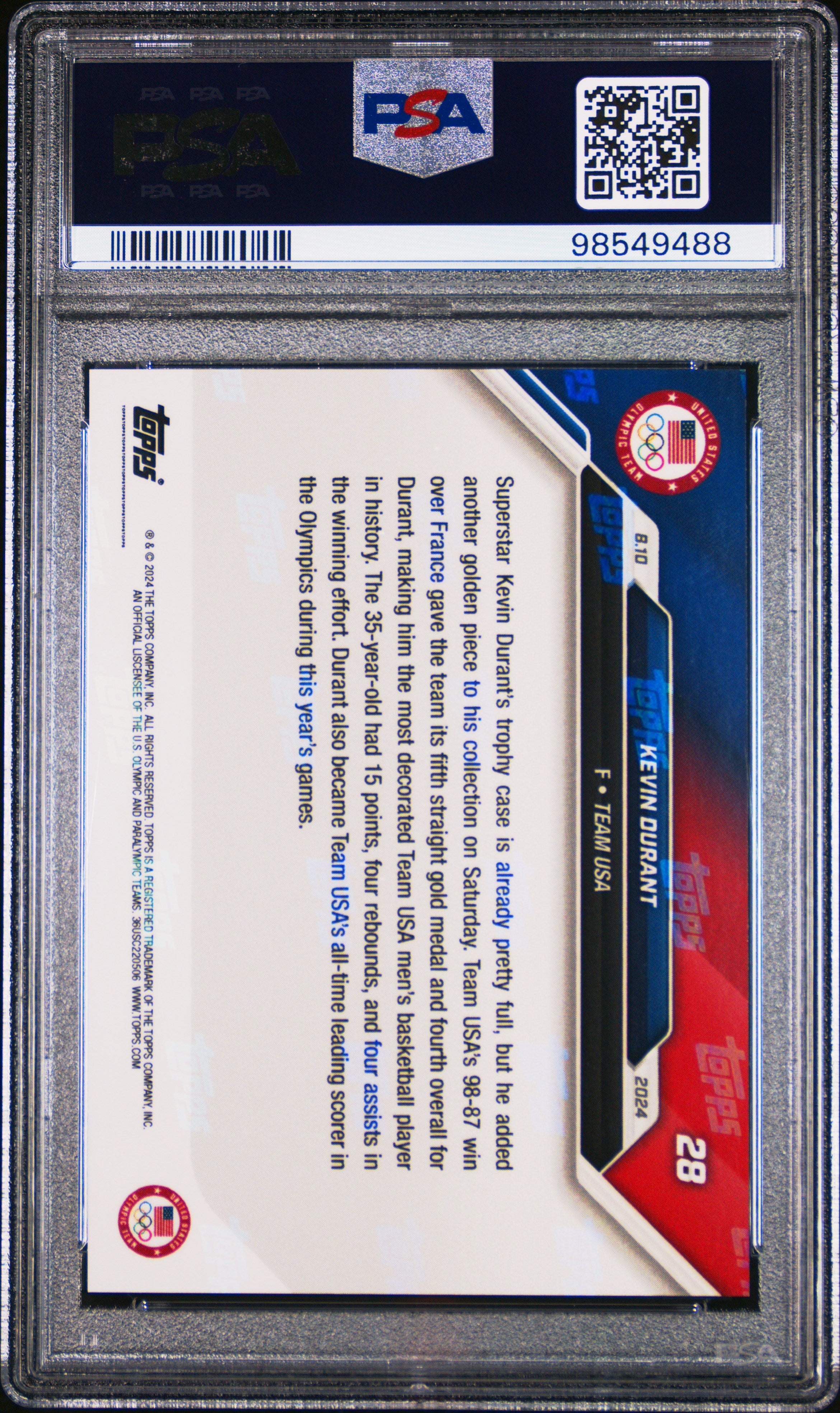 KEVIN DURANT 2024 Topps Now Olympic Games #28 PSA 10 Team USA