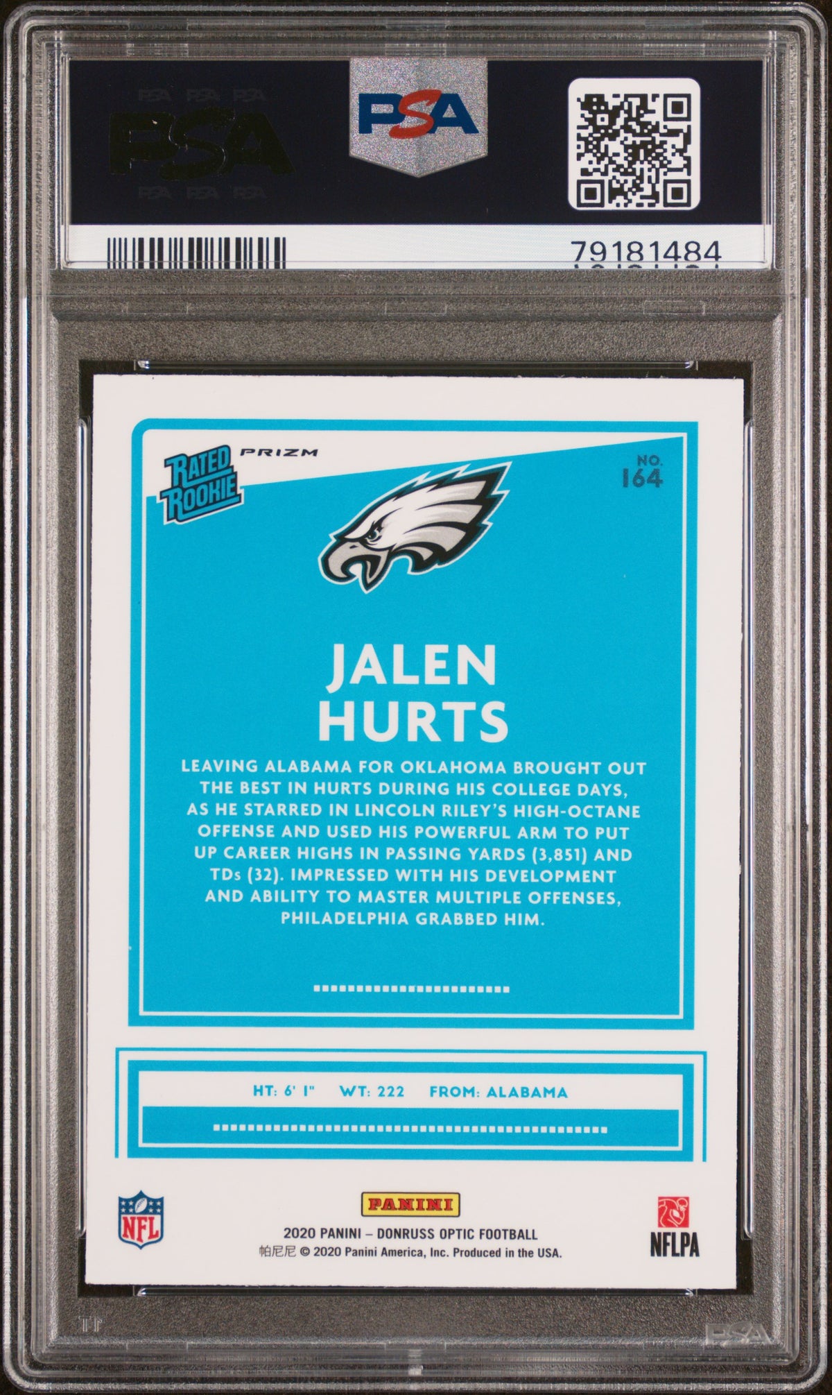 JALEN HURTS 2020 Panini Donruss Optic Rated Rookie Pink Prizm #164 PSA 10 Eagles