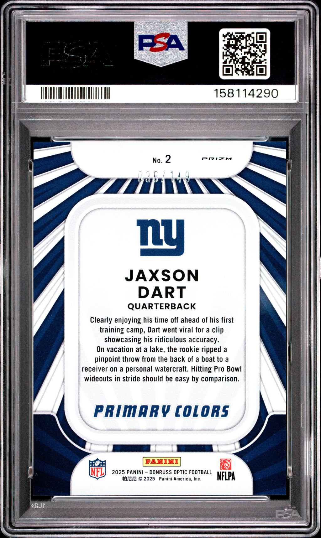 JAXSON DART 2025 Donruss Optic Rookie Primary Colors Black Pandora /149 PSA 10