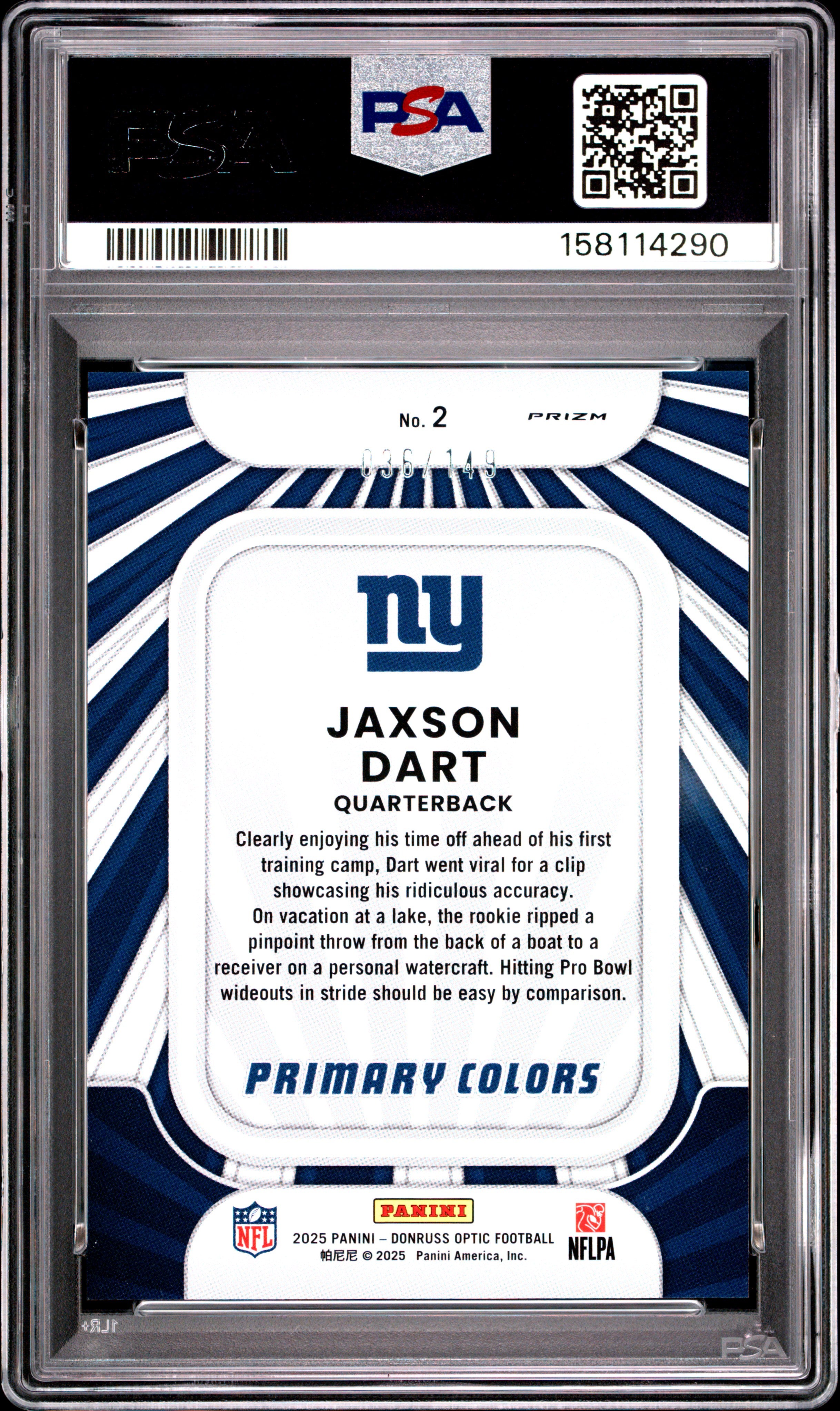 JAXSON DART 2025 Donruss Optic Rookie Primary Colors Black Pandora /149 PSA 10