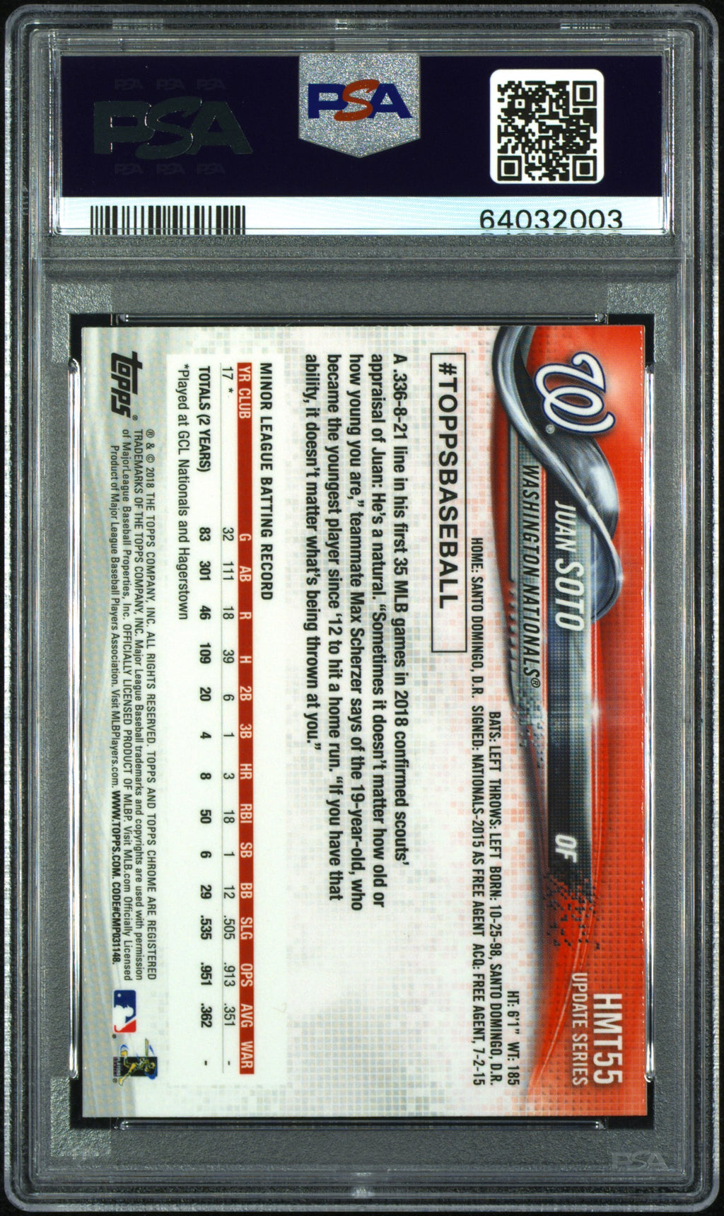 JUAN SOTO 2018 Topps Chrome Update Rookie #HMT55 PSA 10 Nationals