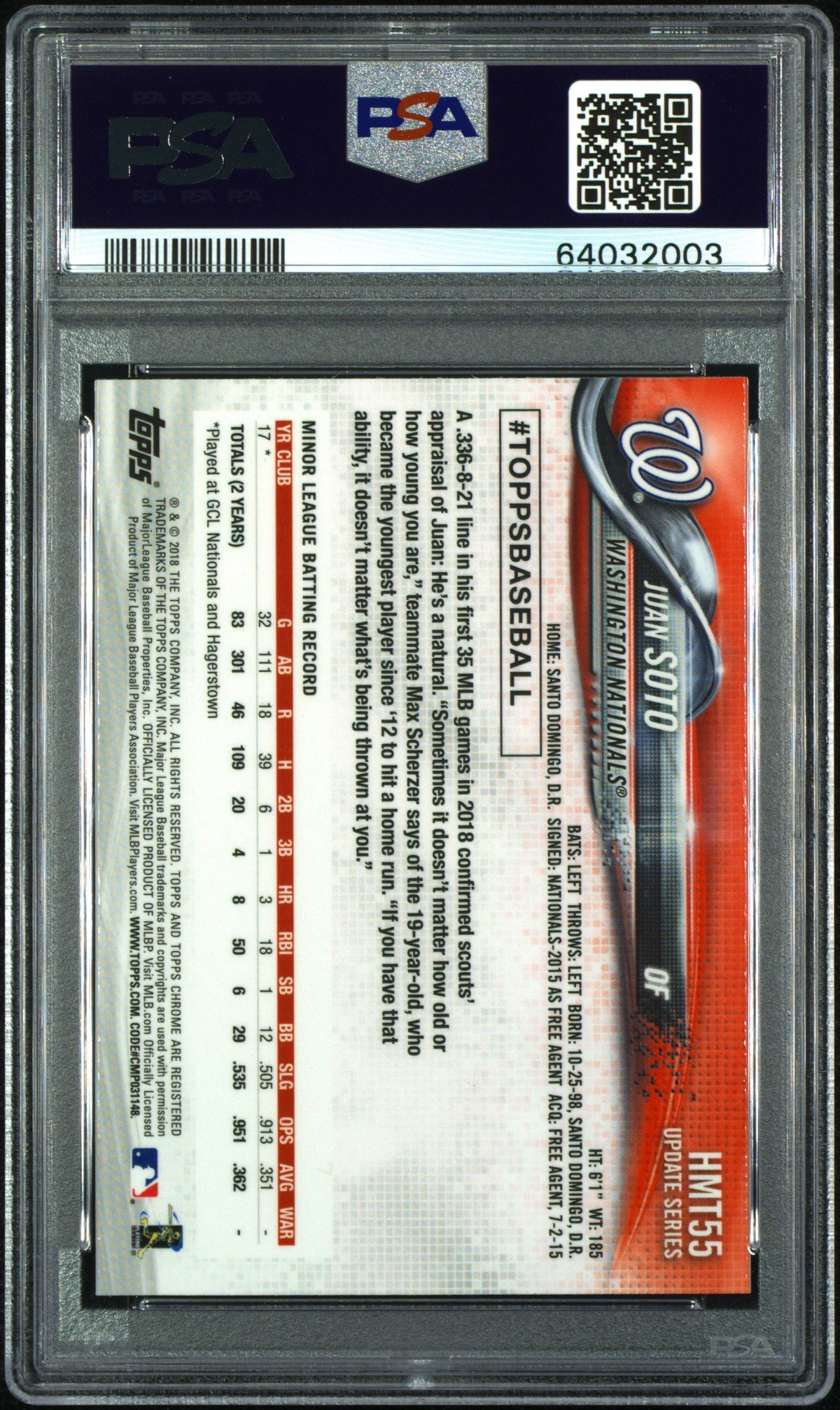 JUAN SOTO 2018 Topps Chrome Update Rookie #HMT55 PSA 10 Nationals