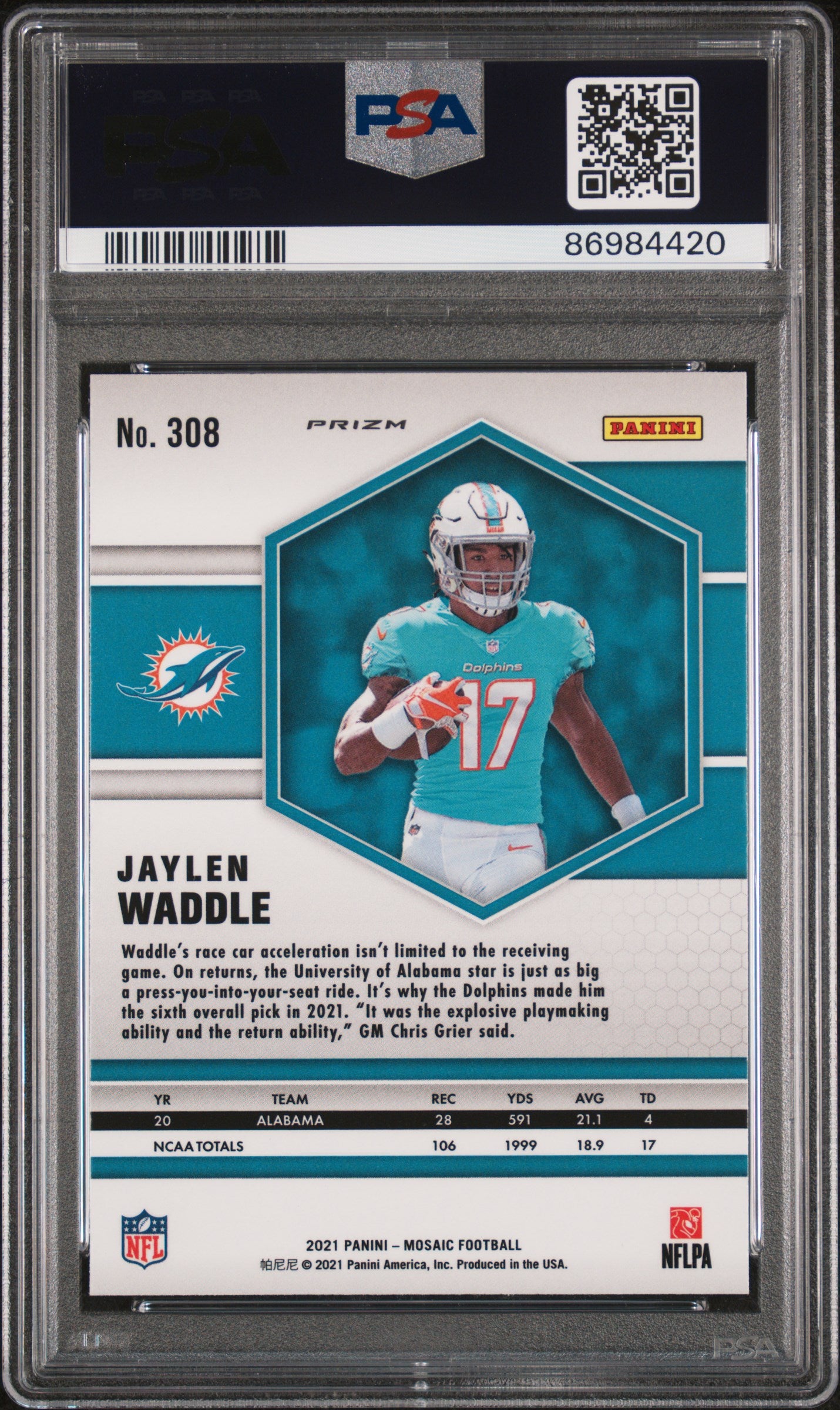 JAYLEN WADDLE 2021 Panini Mosaic Reactive Orange Prizm Rookie #308 PSA 10