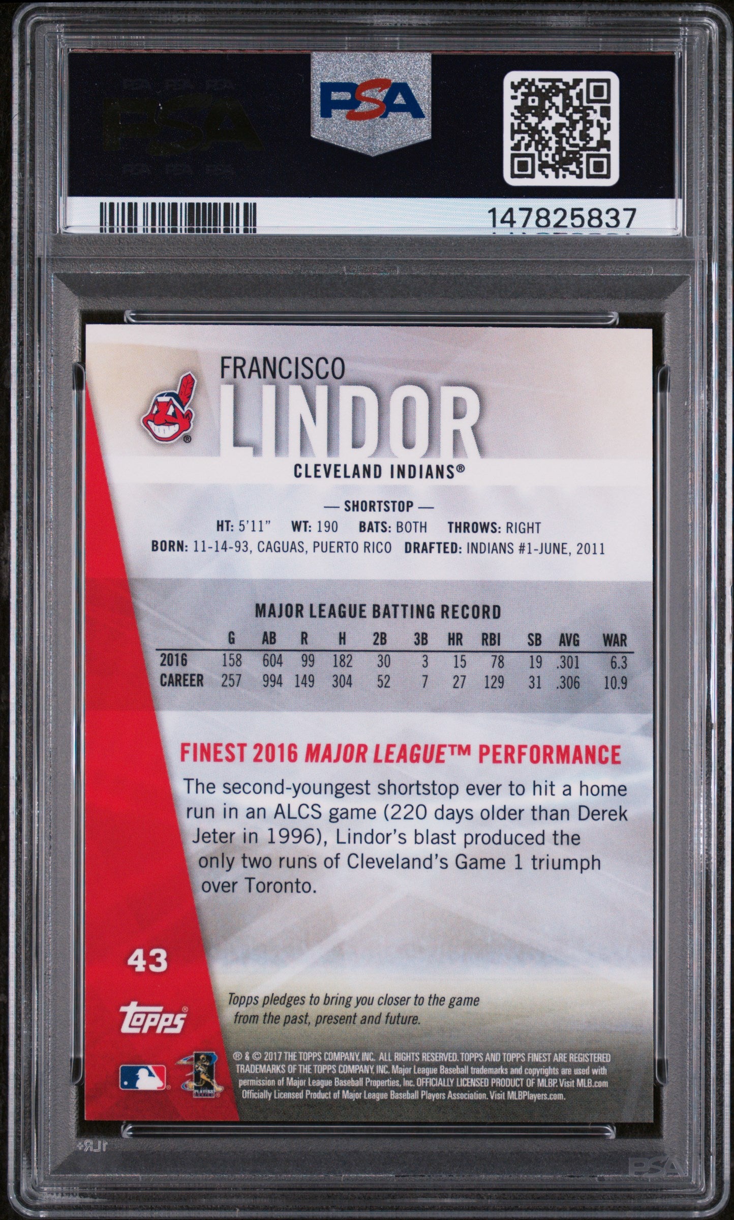 FRANCISCO LINDOR 2017 Topps Finest Blue Refractor /150 #43 PSA 10 Indians