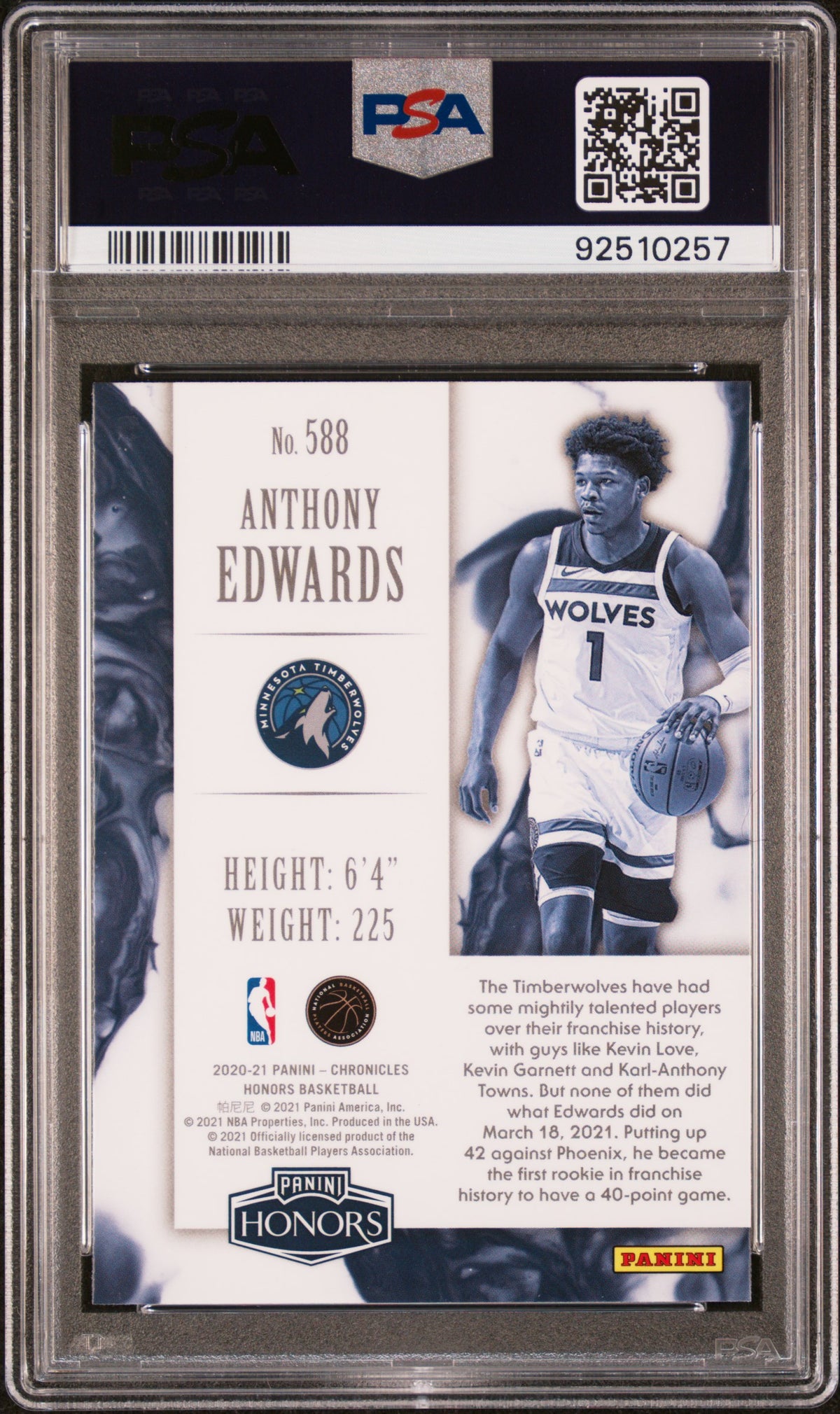 ANTHONY EDWARDS 2020-21 Panini Chronicles Honors Rookie #588 PSA 10 Timberwolves
