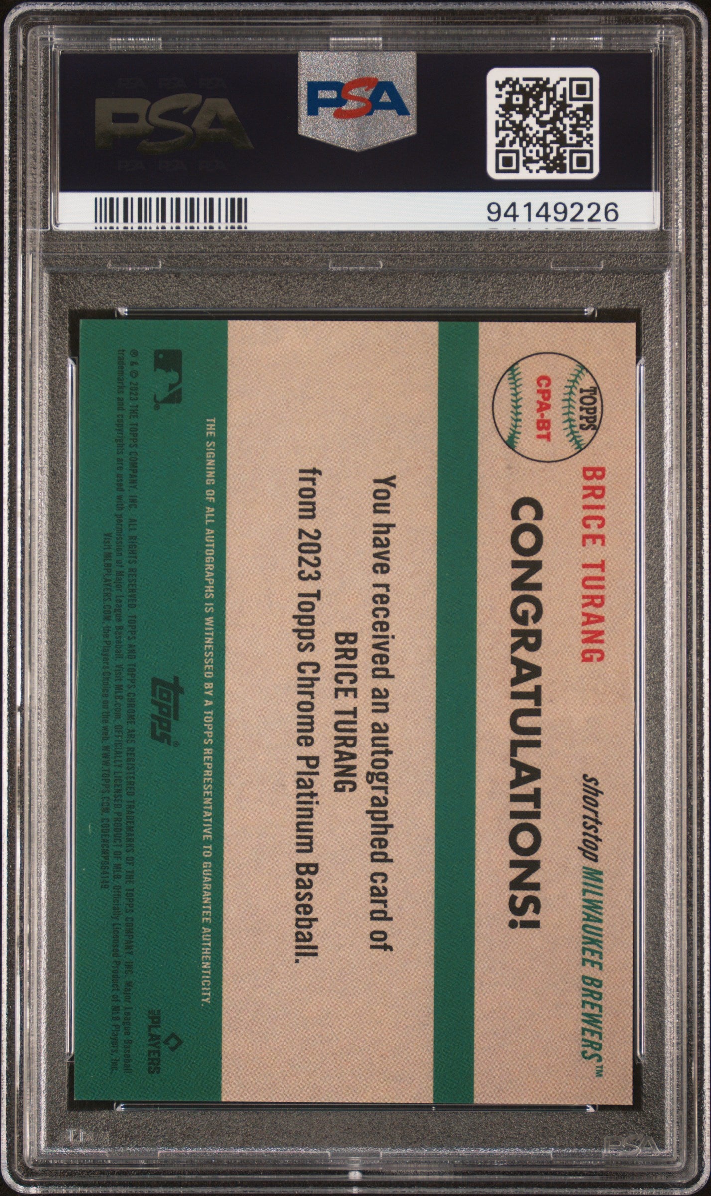 BRICE TURANG 2023 Topps Chrome Platinum Anniversary Rookie Auto #BT PSA 10