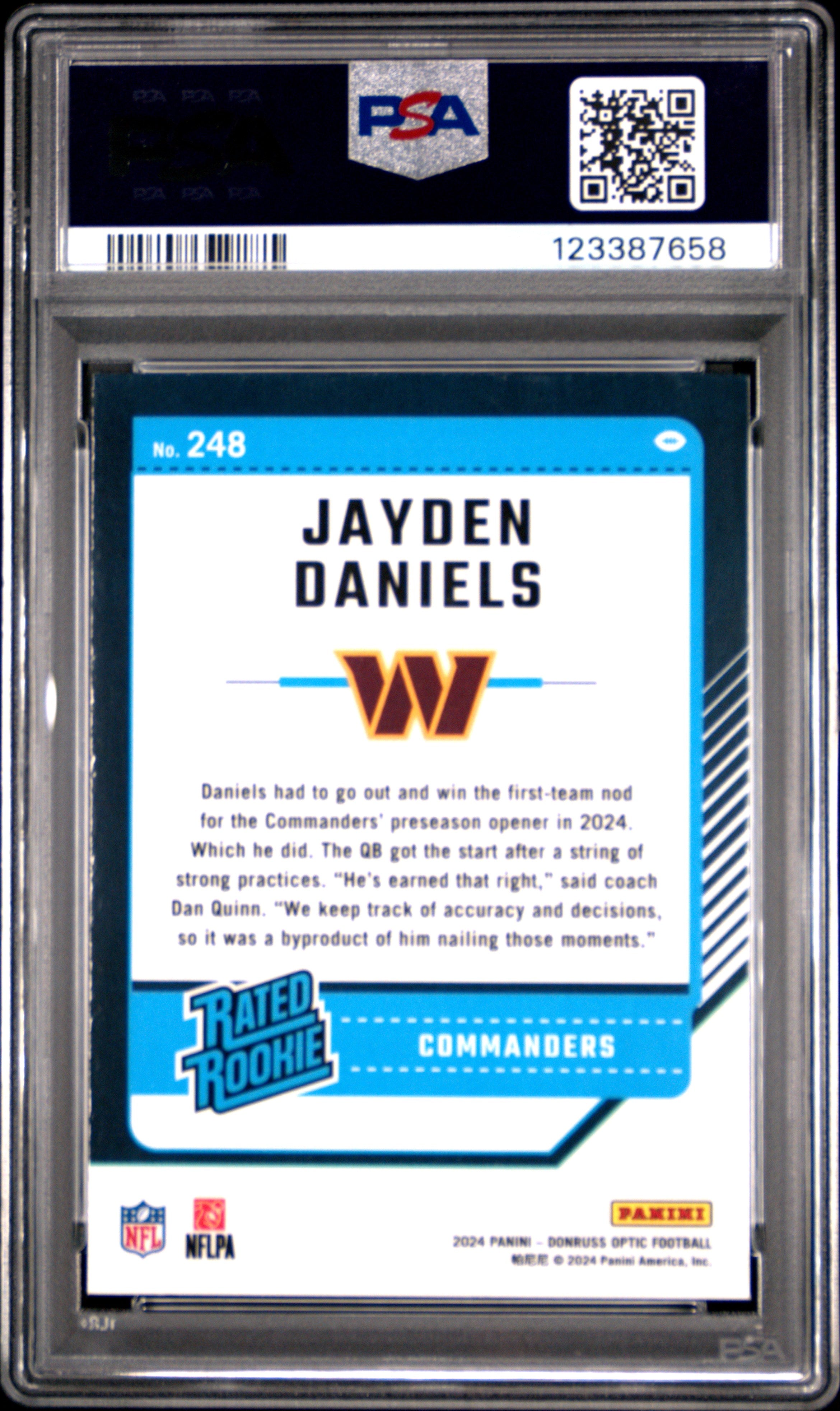 JAYDEN DANIELS 2024 Panini Donruss Optic Rated Rookie #248 PSA 10 Commanders