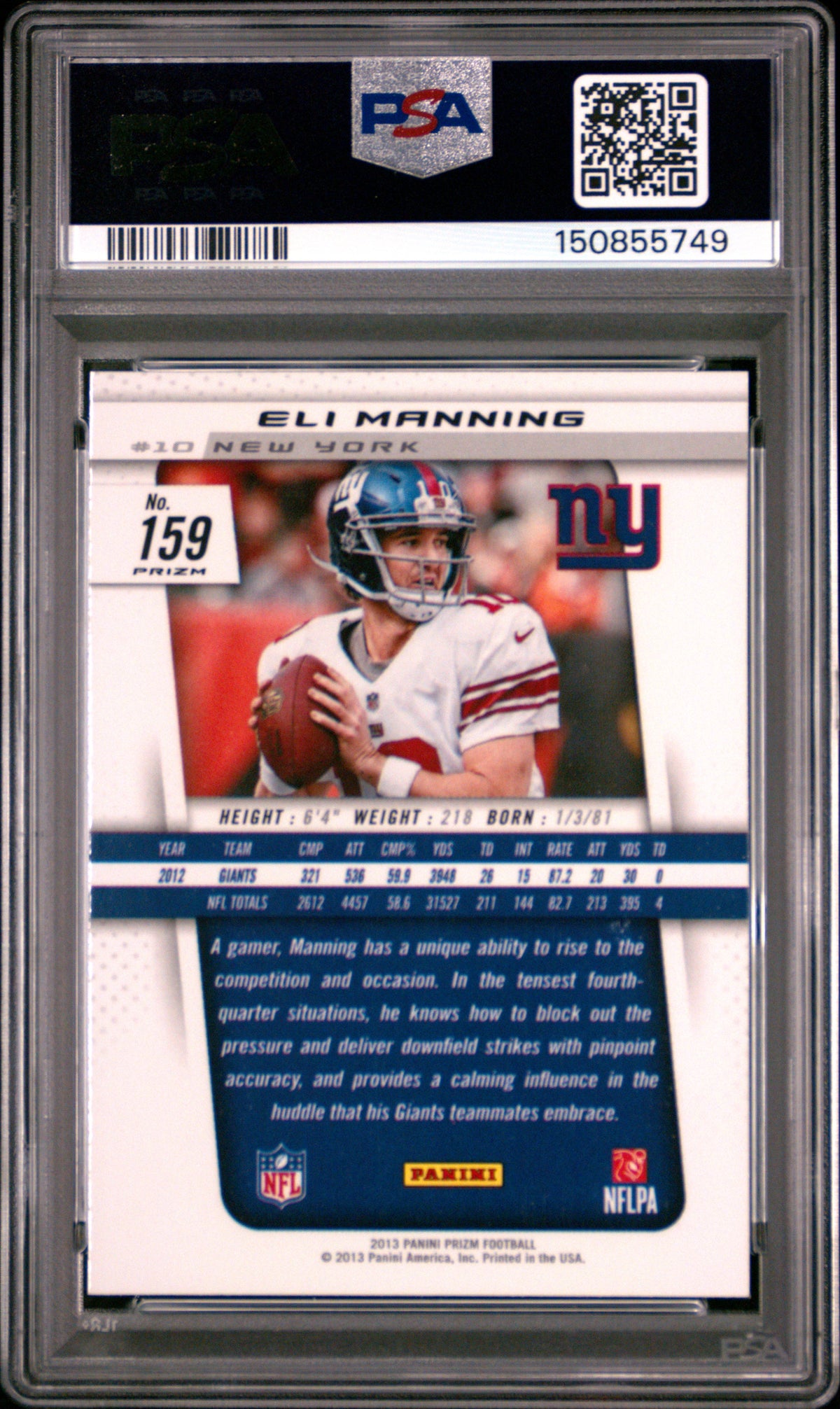 ELI MANNING 2013 Panini Prizm Blue Pulsar Prizm #159 PSA 10 Giants
