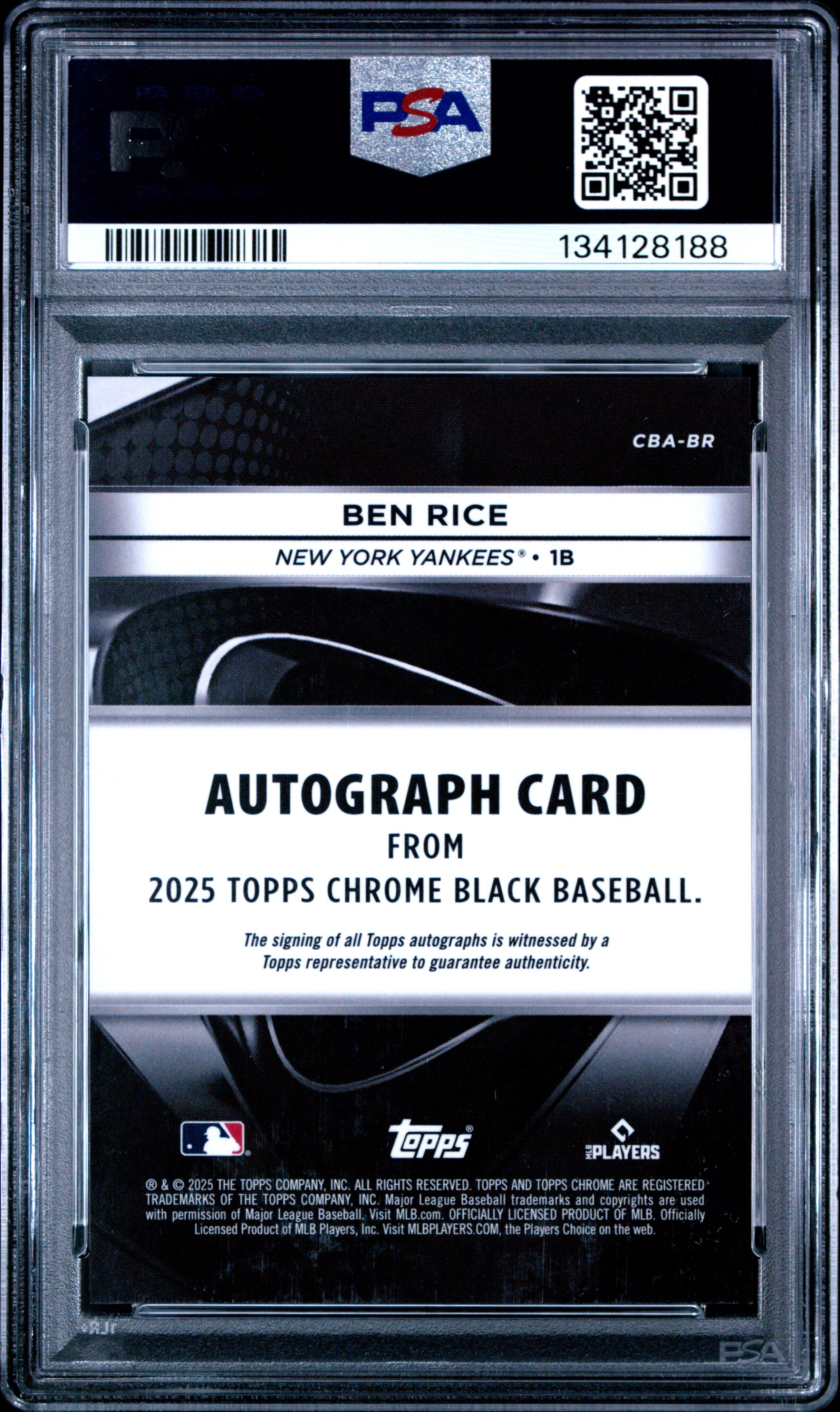 BEN RICE 2025 Topps Chrome Black Rookie Auto #BR PSA 9 Yankees