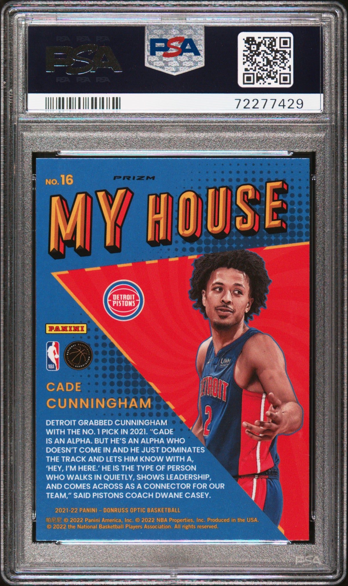 CADE CUNNINGHAM 2021-22 Panini Donruss Optic Rookie My House Purple #16 PSA 9