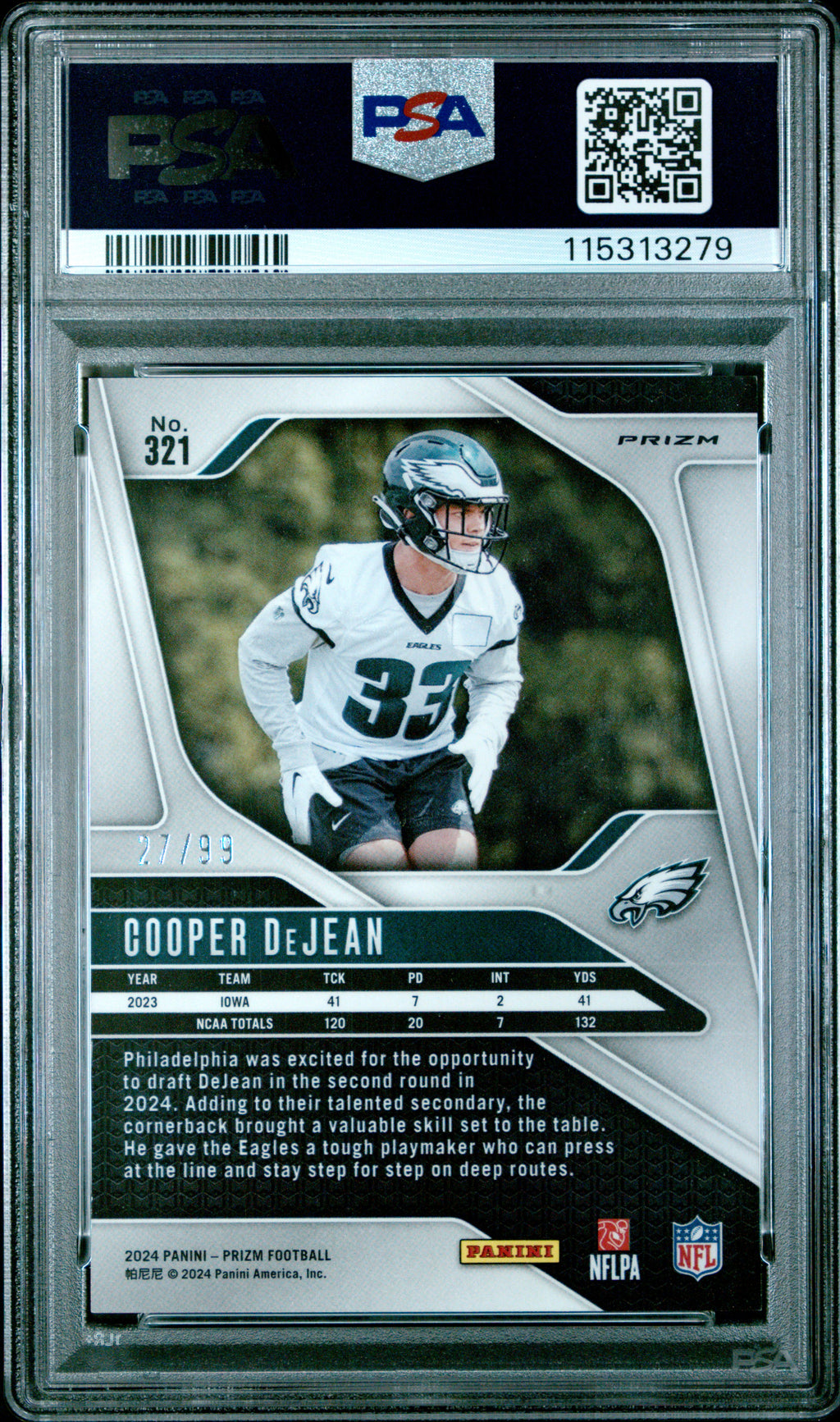 COOPER DEJEAN 2024 Panini Prizm Purple Wave Rookie /99 PSA 10 #321 Eagles