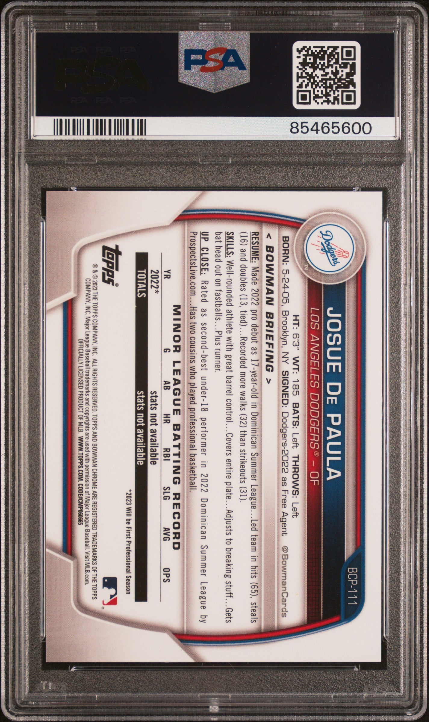 JOSUE DE PAULA 2023 Bowman Chrome Prospect Purple Raywave /250 PSA 10 #BCP111