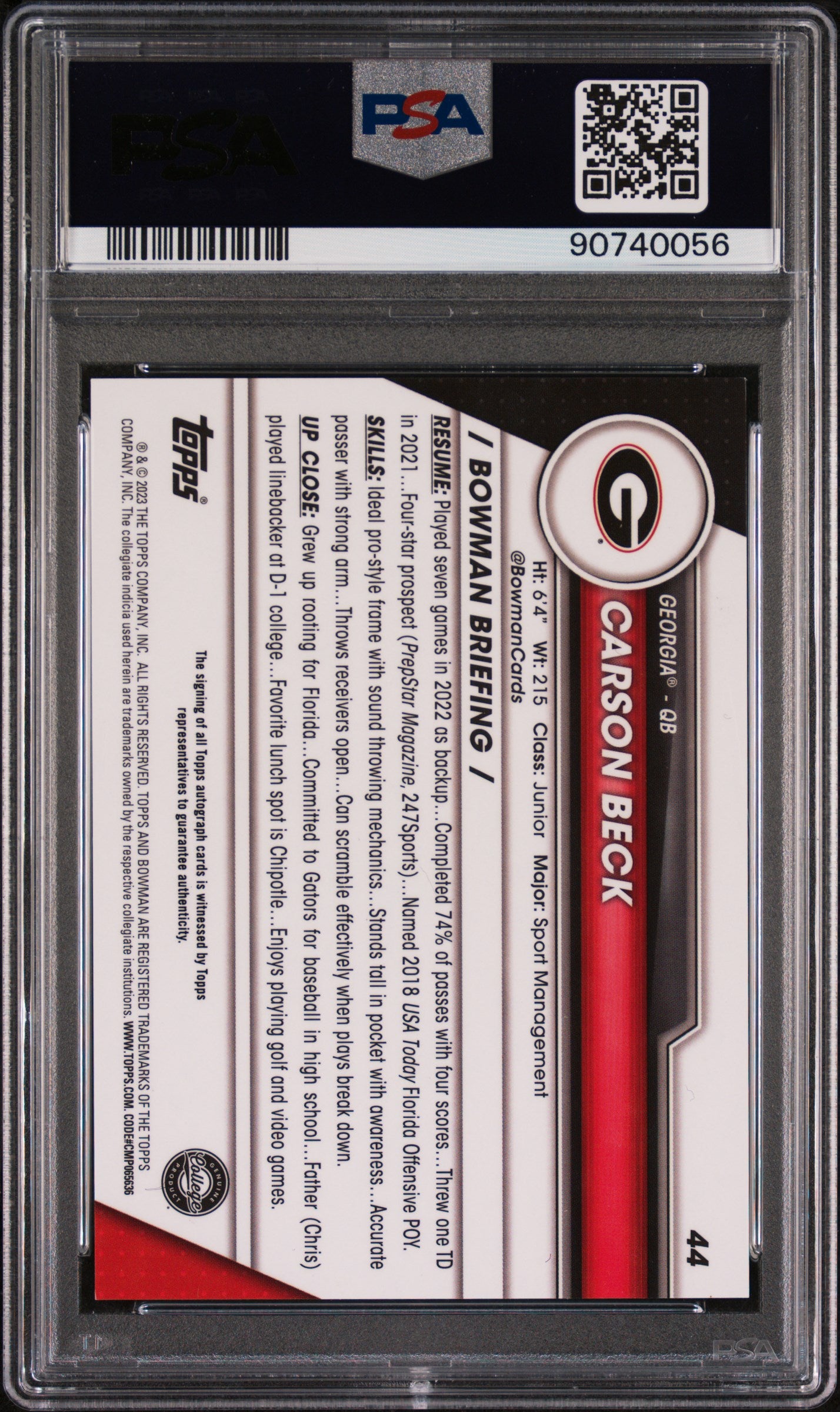 CARSON BECK 2023 Bowman U Chrome 1st Prospect Auto #44 PSA 9 Georgia