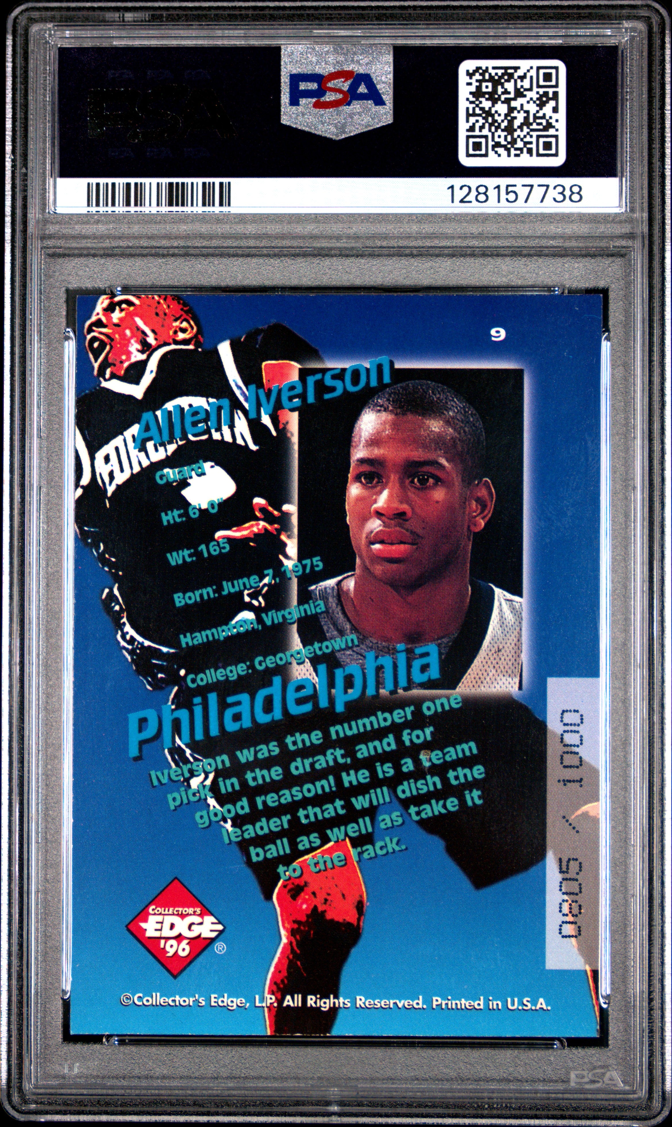 ALLEN IVERSON 1996 Collector's Edge Rookie Key Kraze Gold /1000 #9 PSA 8 76ers