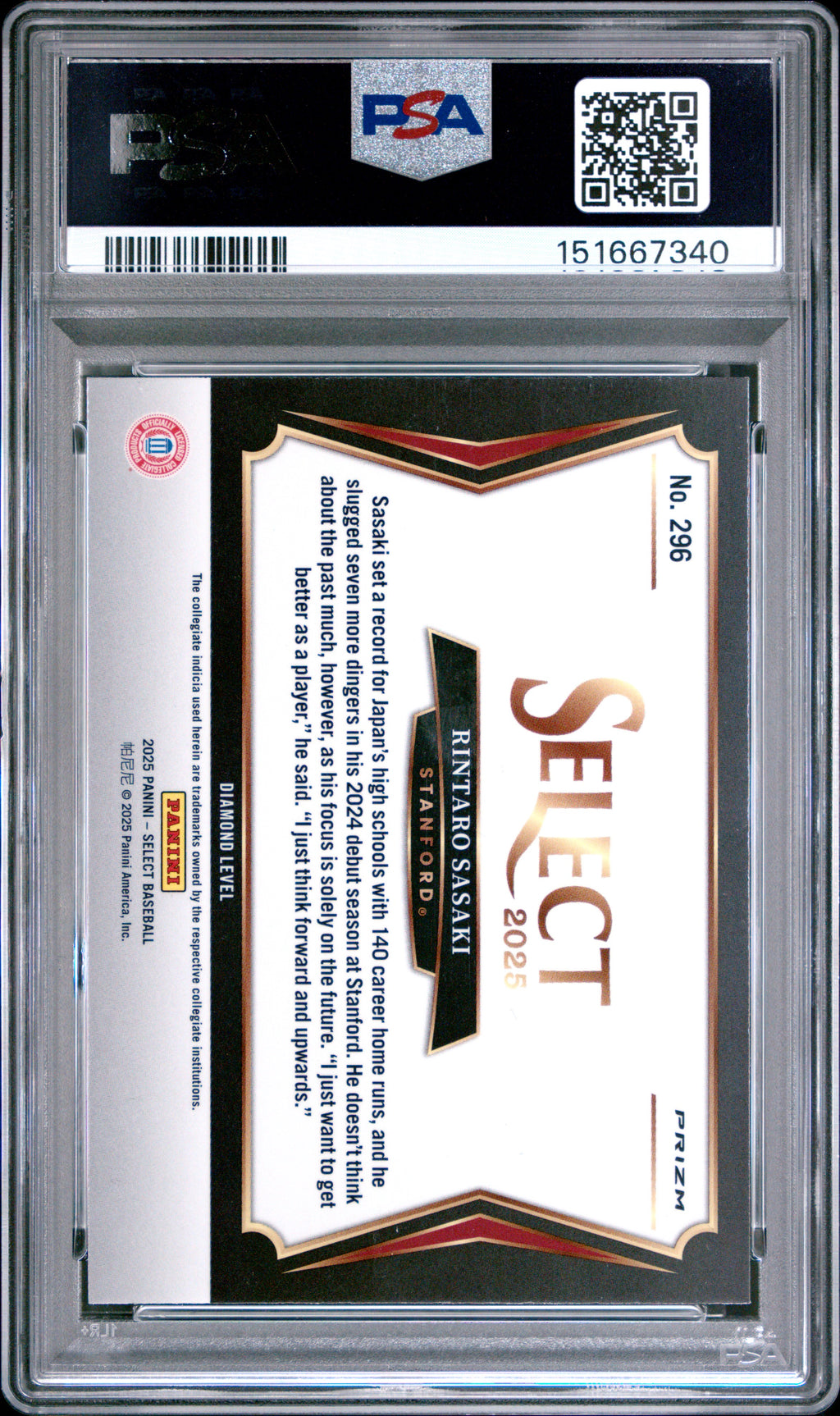 RINTARO SASAKI 2025 Panini Select Tiger Prizm SSP #296 PSA 8 Stanford