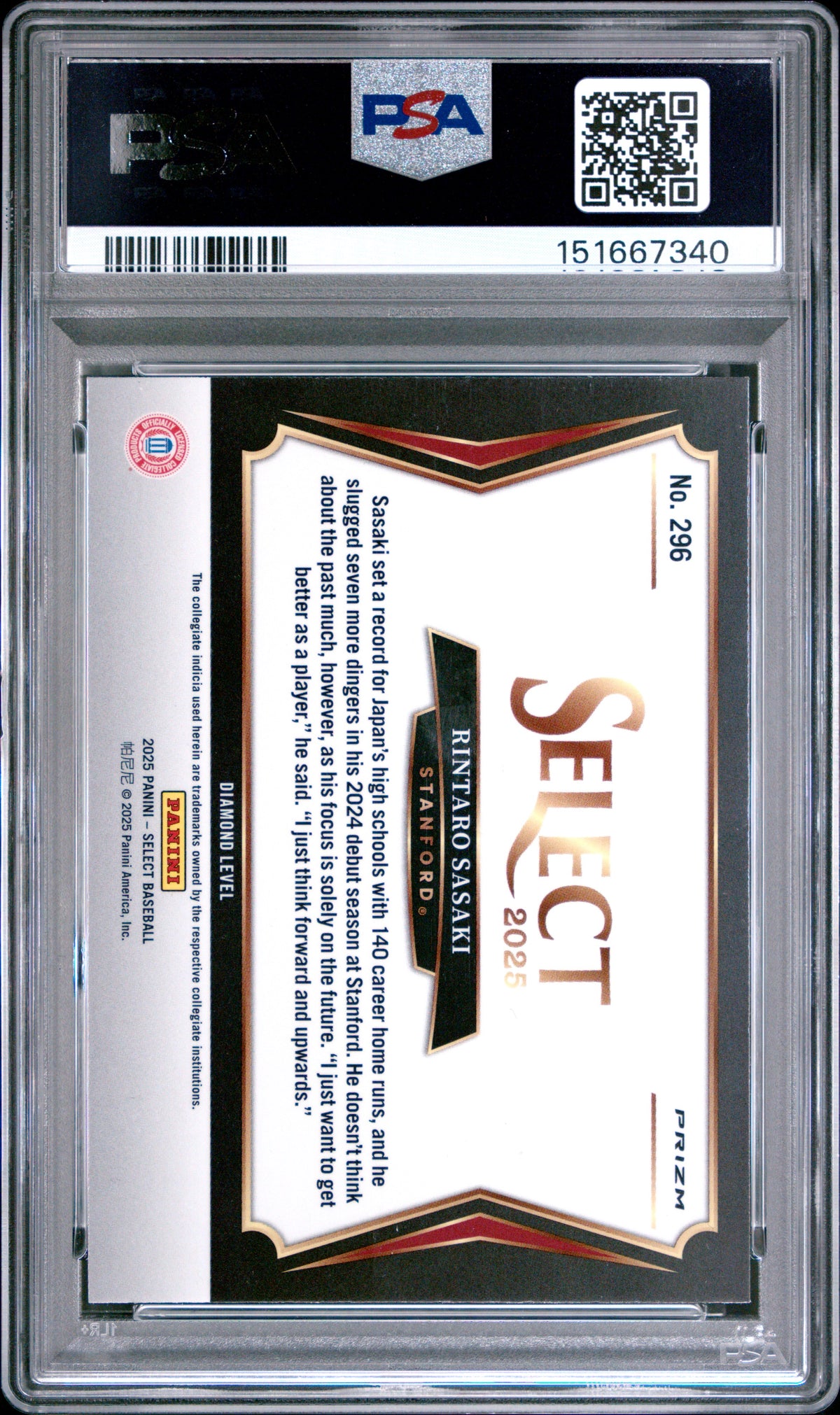 RINTARO SASAKI 2025 Panini Select Tiger Prizm SSP #296 PSA 8 Stanford