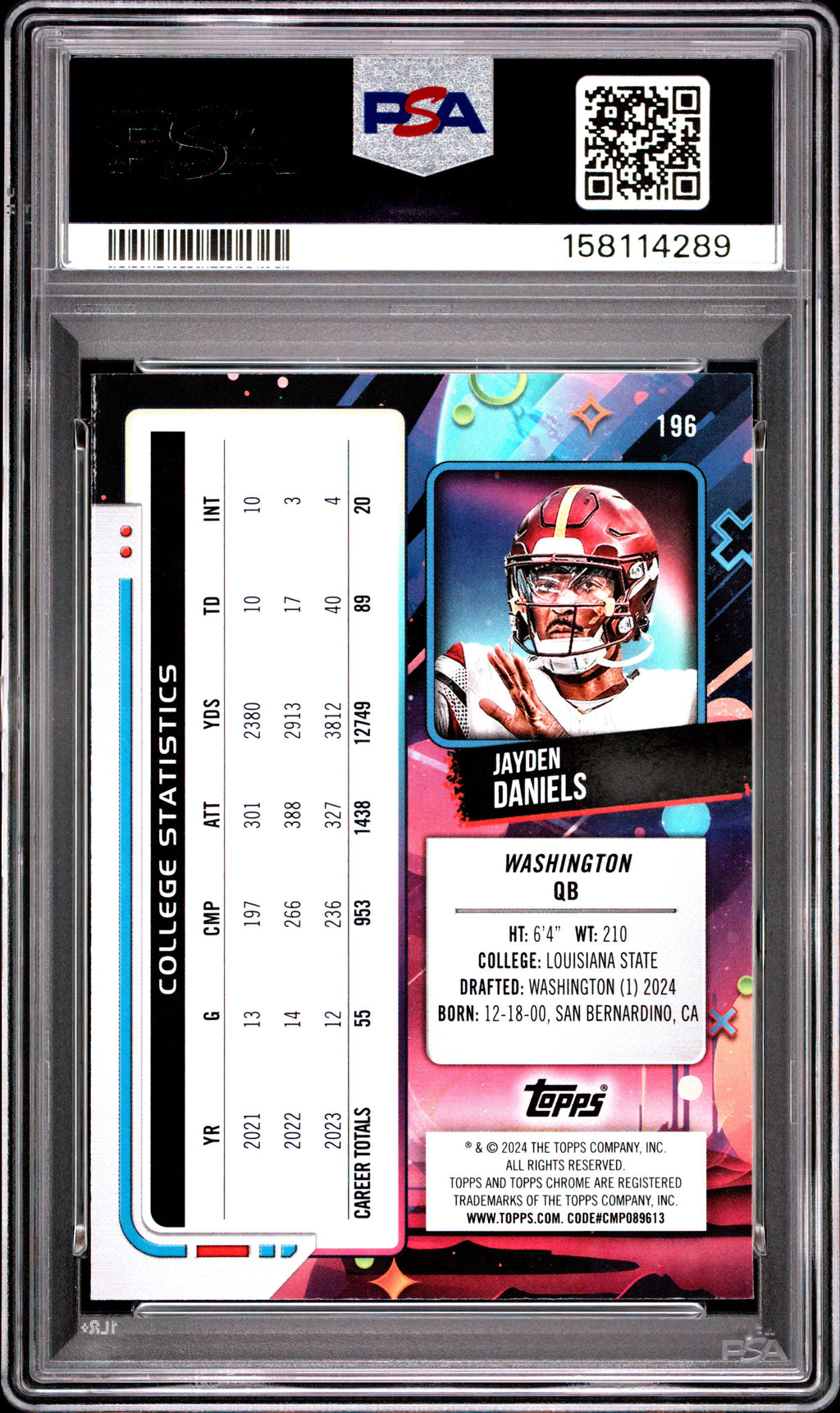JAYDEN DANIELS 2024 Topps Cosmic Chrome Rookie Blue Moon /99 #196 PSA 10