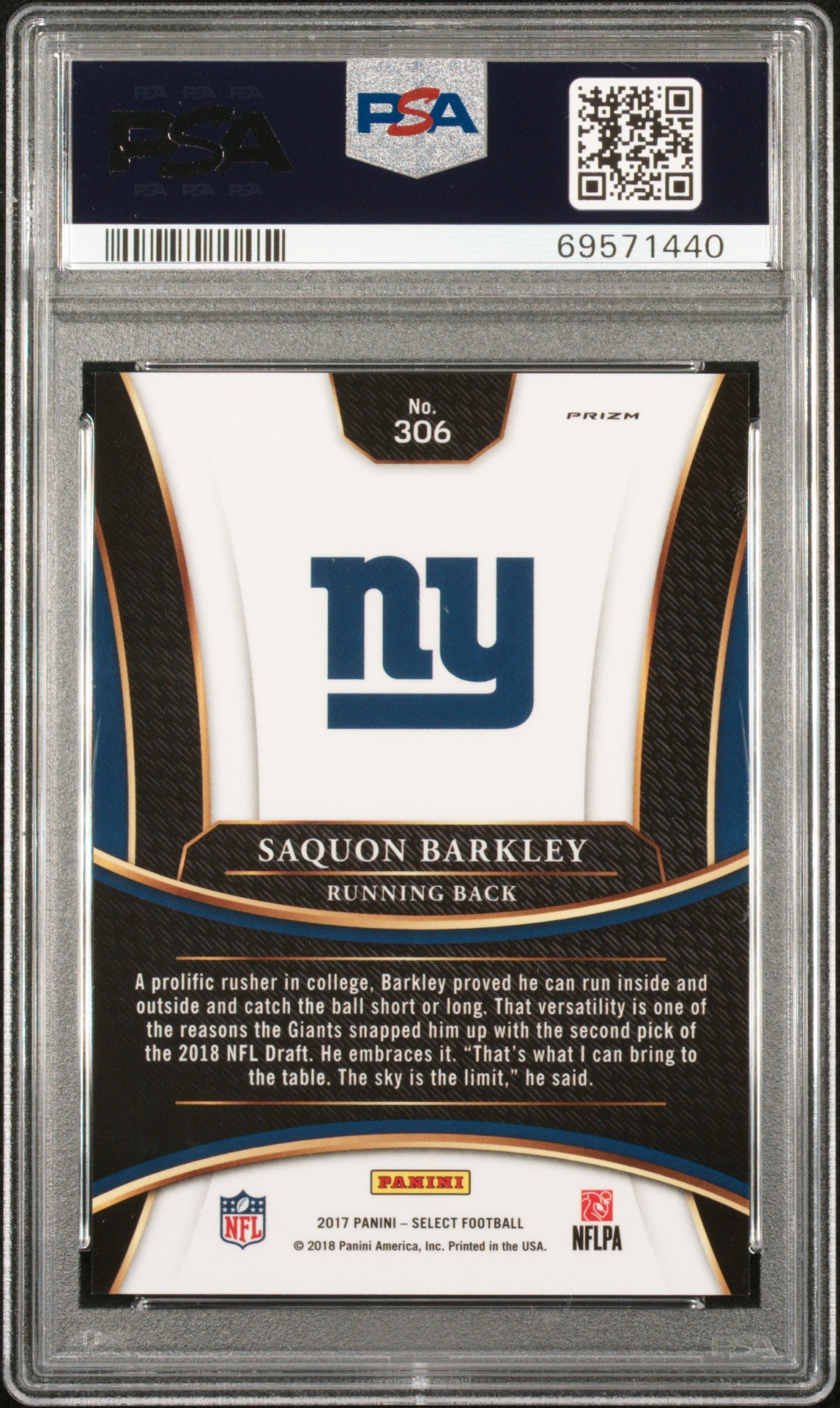 SAQUON BARKLEY 2017 Panini Select Rookie XRC Prizm #306 PSA 10 Giants