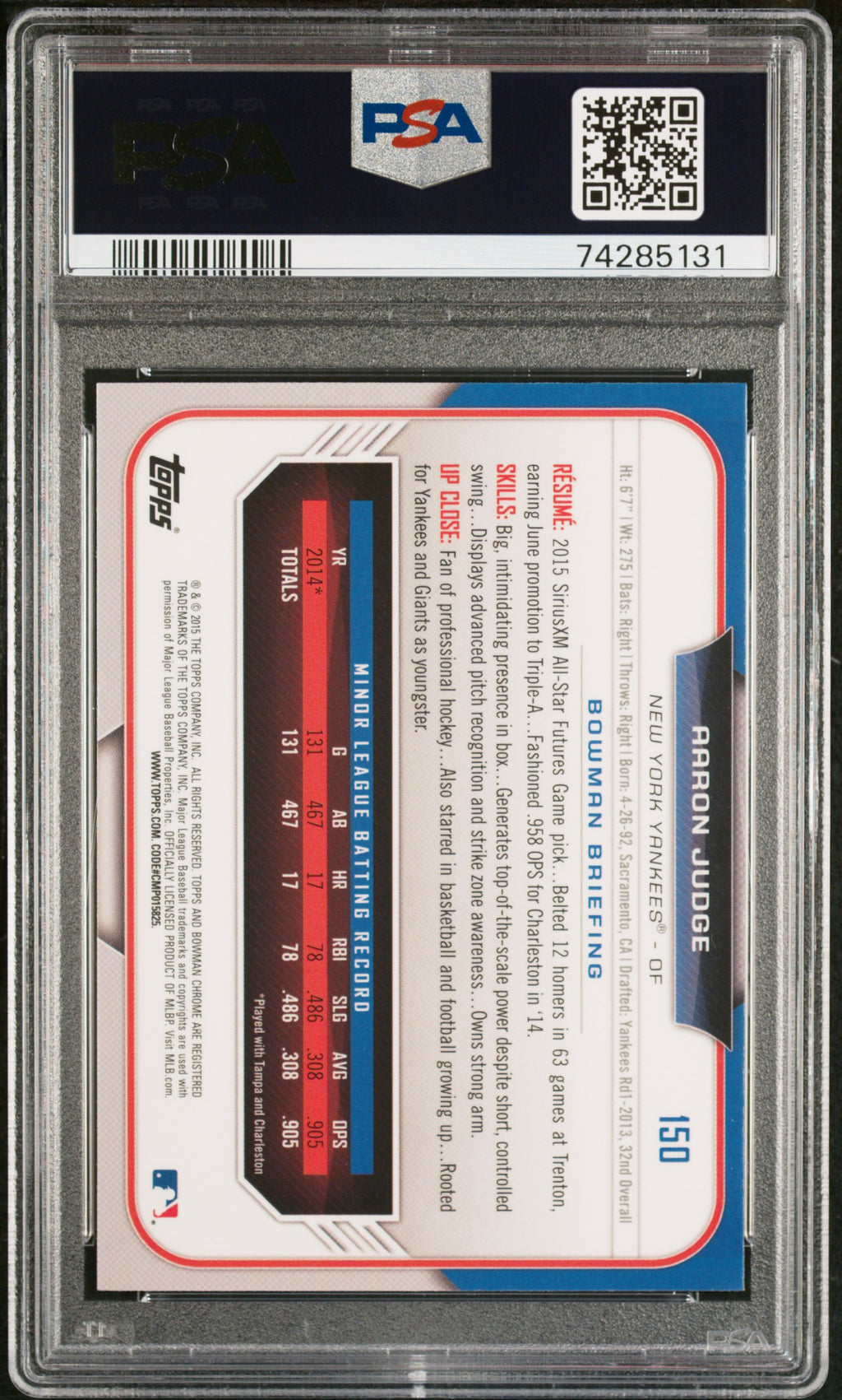 AARON JUDGE 2015 Bowman Draft Chrome #150 PSA 9 Yankees