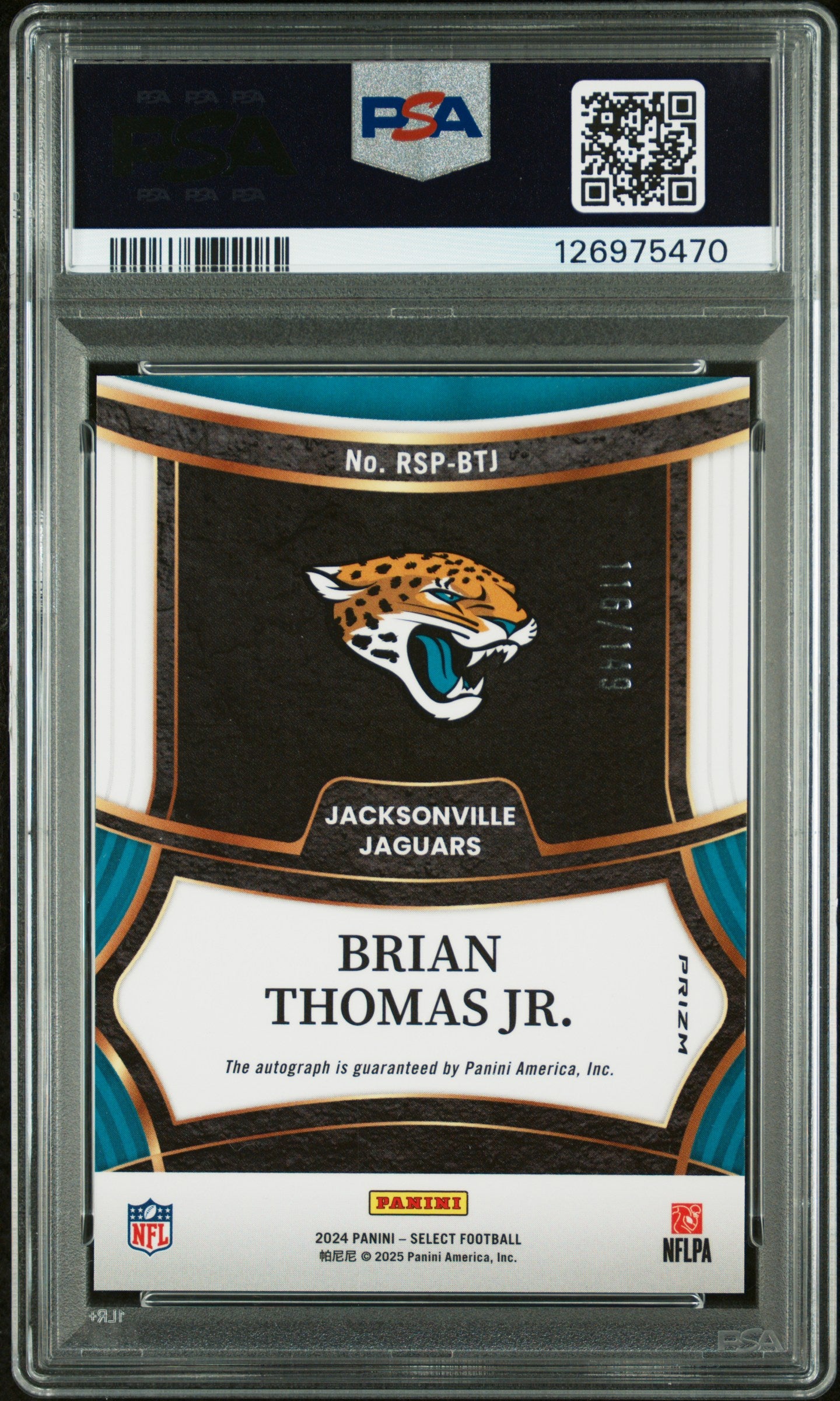 BRIAN THOMAS JR 2024 Panini Select Rookie Signatures Auto Blue Prizm /149 PSA 10