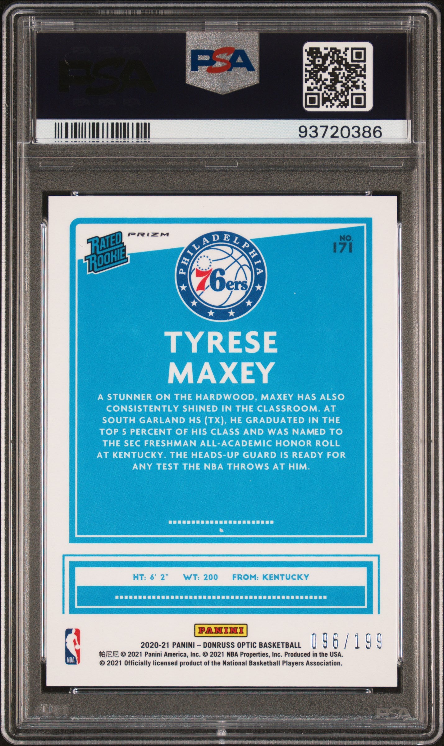 TYRESE MAXEY 2020-21 Donruss Optic Rated Rookie Orange Prizm /199 PSA 10 #171