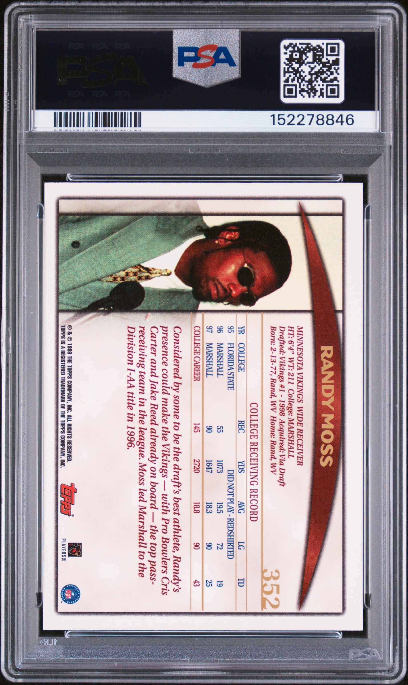 RANDY MOSS 1998 Topps Rookie #352 PSA 9 Minnesota Vikings HOF