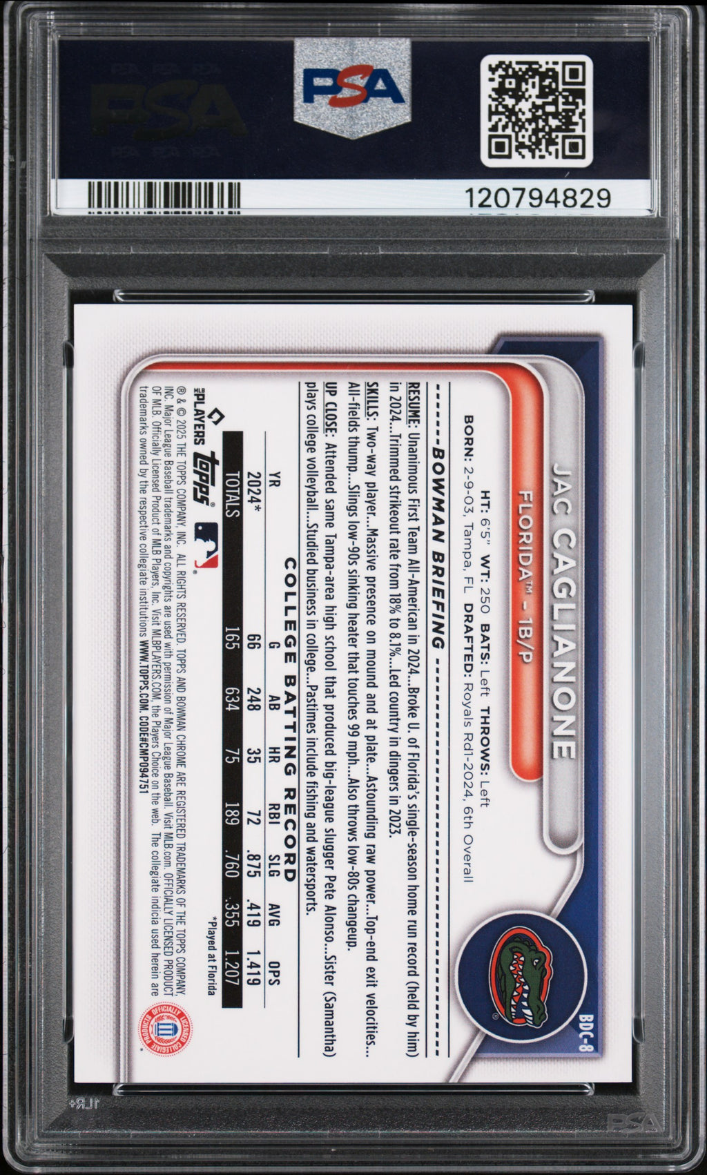 JAC CAGLIANONE 2024 Bowman Draft Chrome College Variation #BDC8 PSA 10