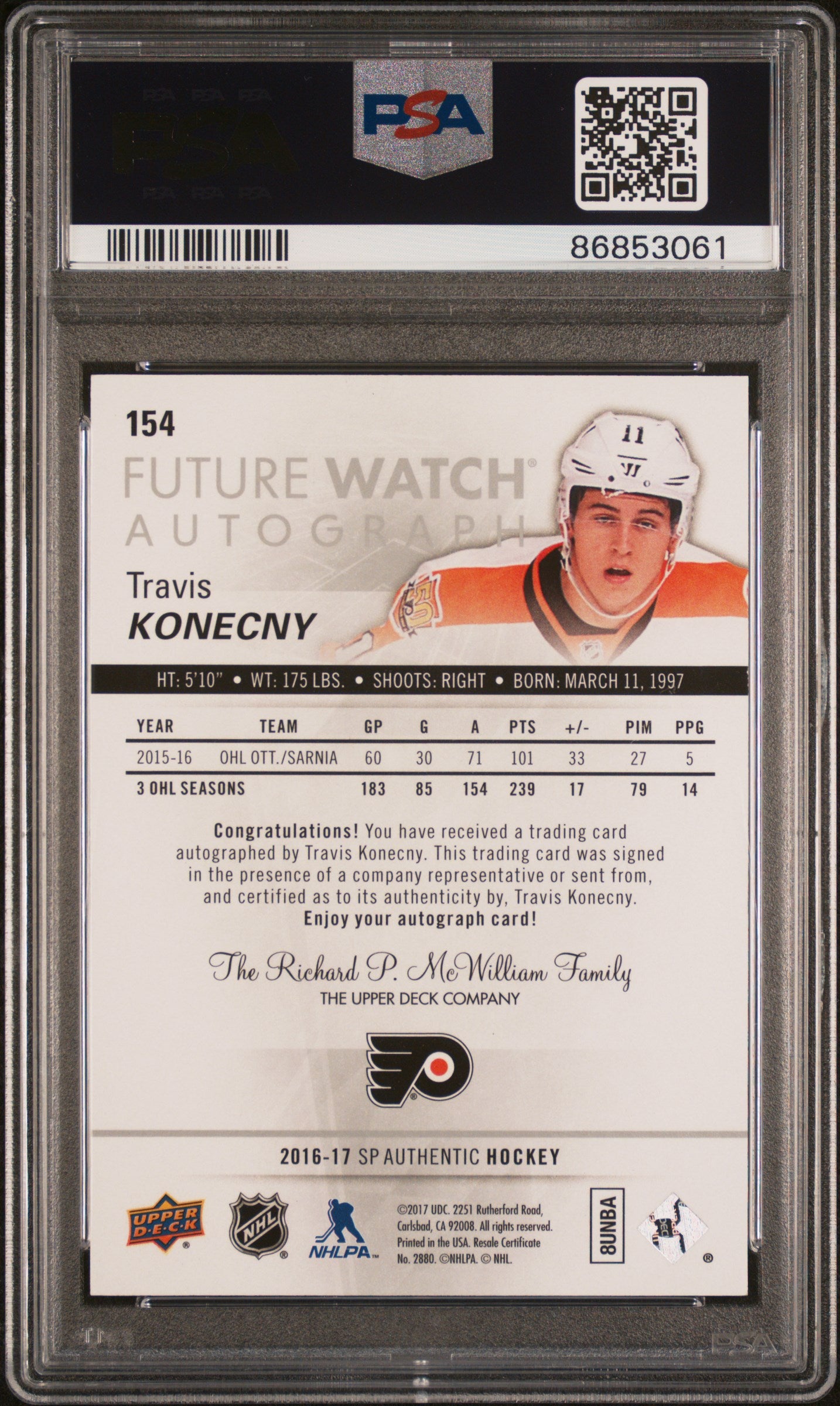TRAVIS KONECNY 2016-17 UD SP Authentic Future Watch Auto /999 #154 PSA 10 Flyers
