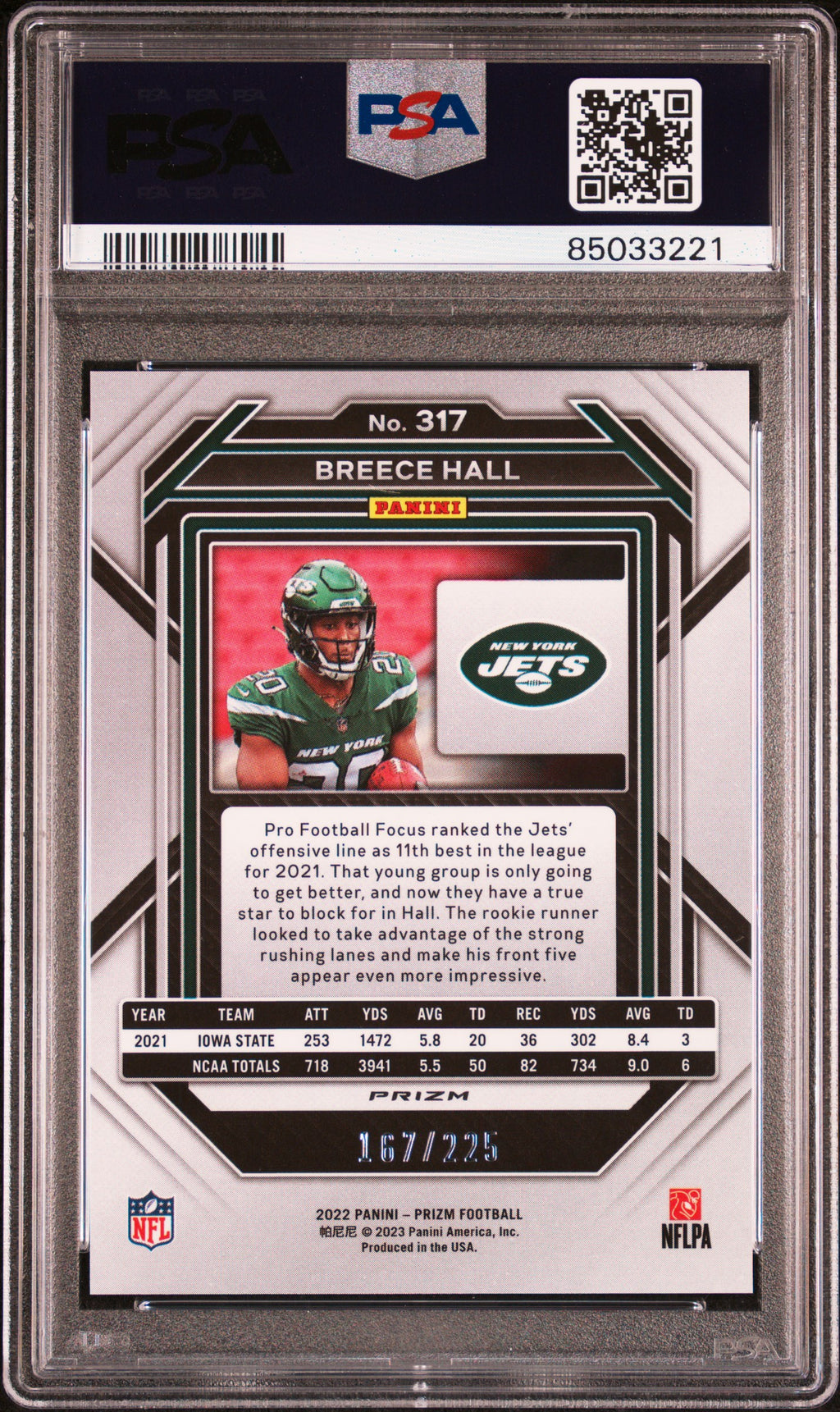 BREECE HALL 2022 Panini Prizm Rookie Purple Ice /225 #317 PSA 10 Jets