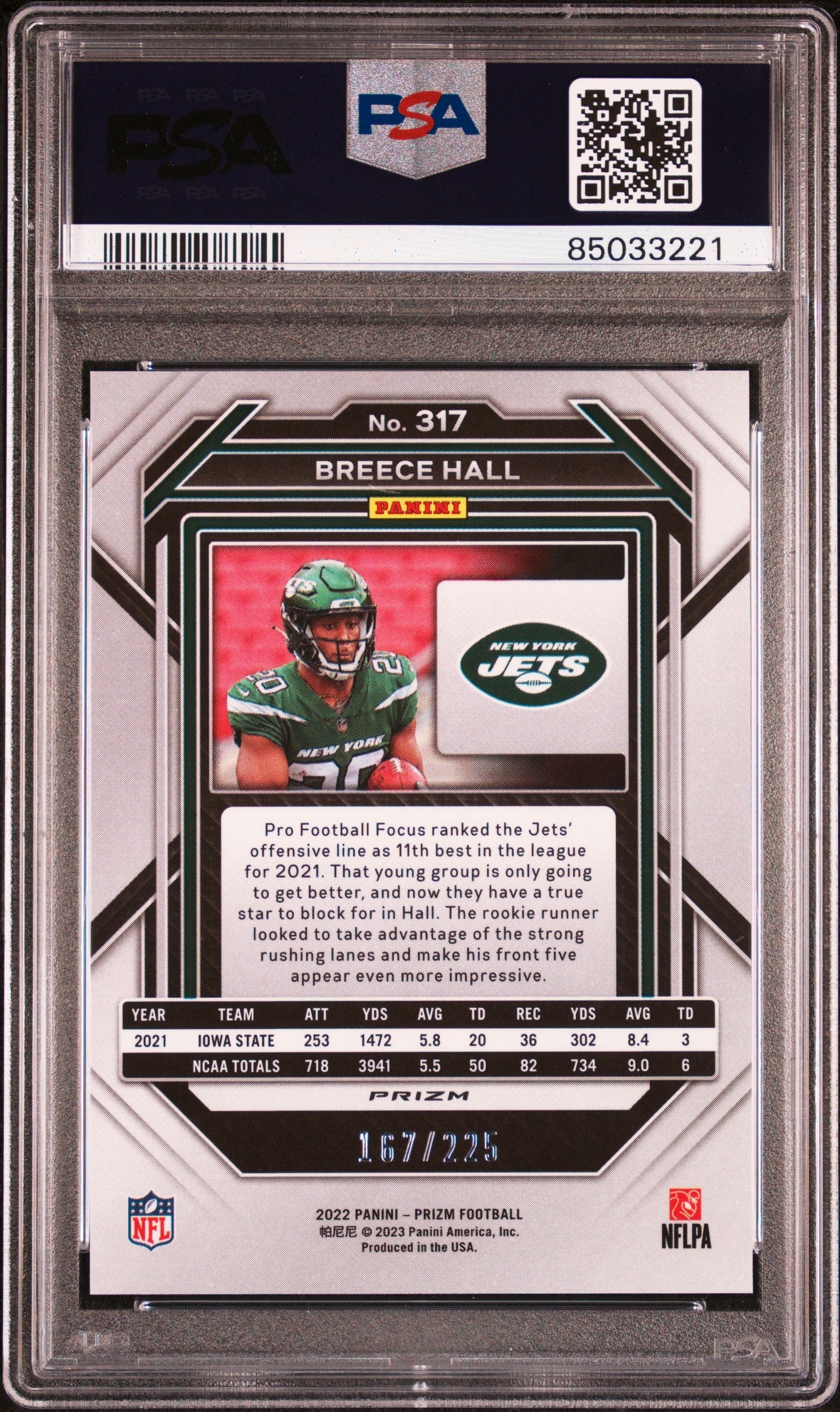BREECE HALL 2022 Panini Prizm Rookie Purple Ice /225 #317 PSA 10 Jets