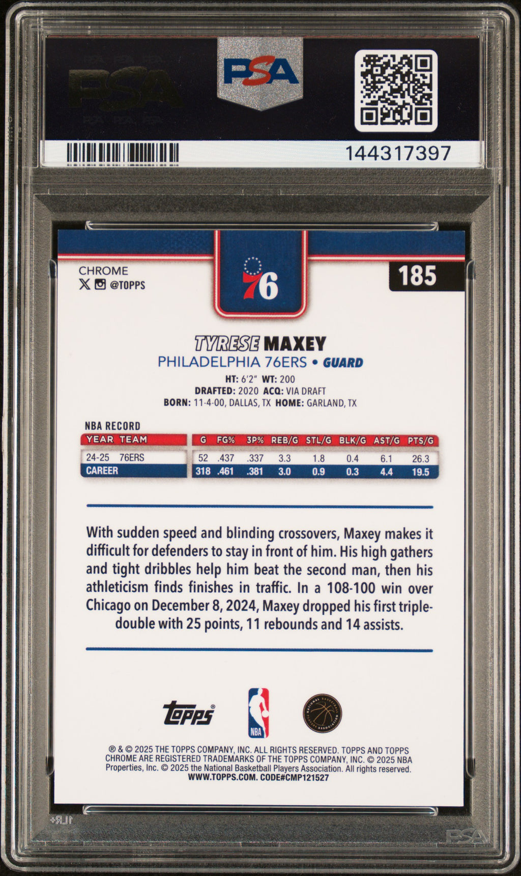 TYRESE MAXEY 2025-26 Topps Chrome Red Pulsar Refractor /5 #185 PSA 9 76ers